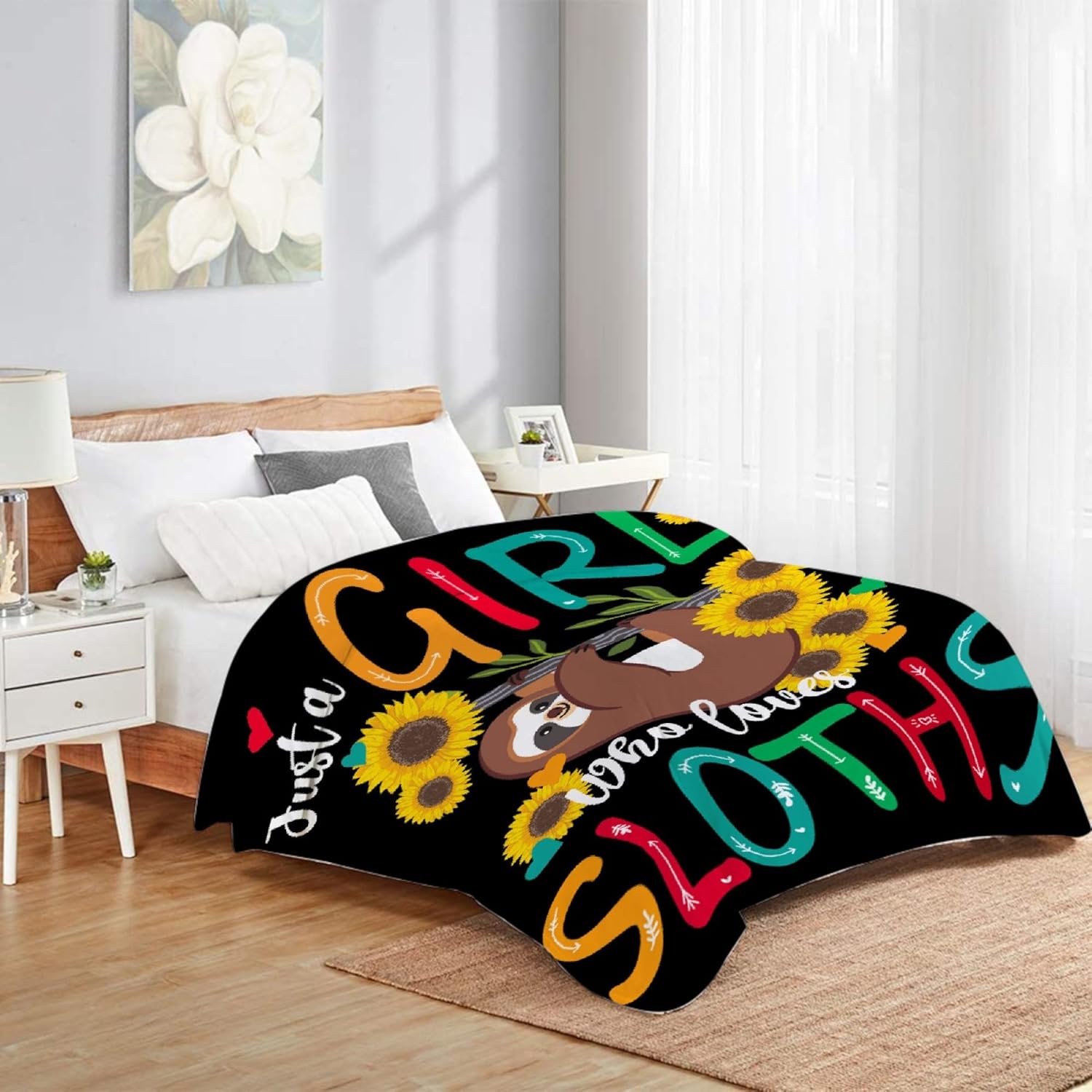 Exclusive Discount 🔥 Just A Girl Who Loves Sloths Blanket Lightweight Flannel Fleece Healing Inspirational Message Throw Blankets Cozy Plush Microfiber All-Season Blanket for Bed/Couch/Sofa -Oversize 120x90 Inch XL