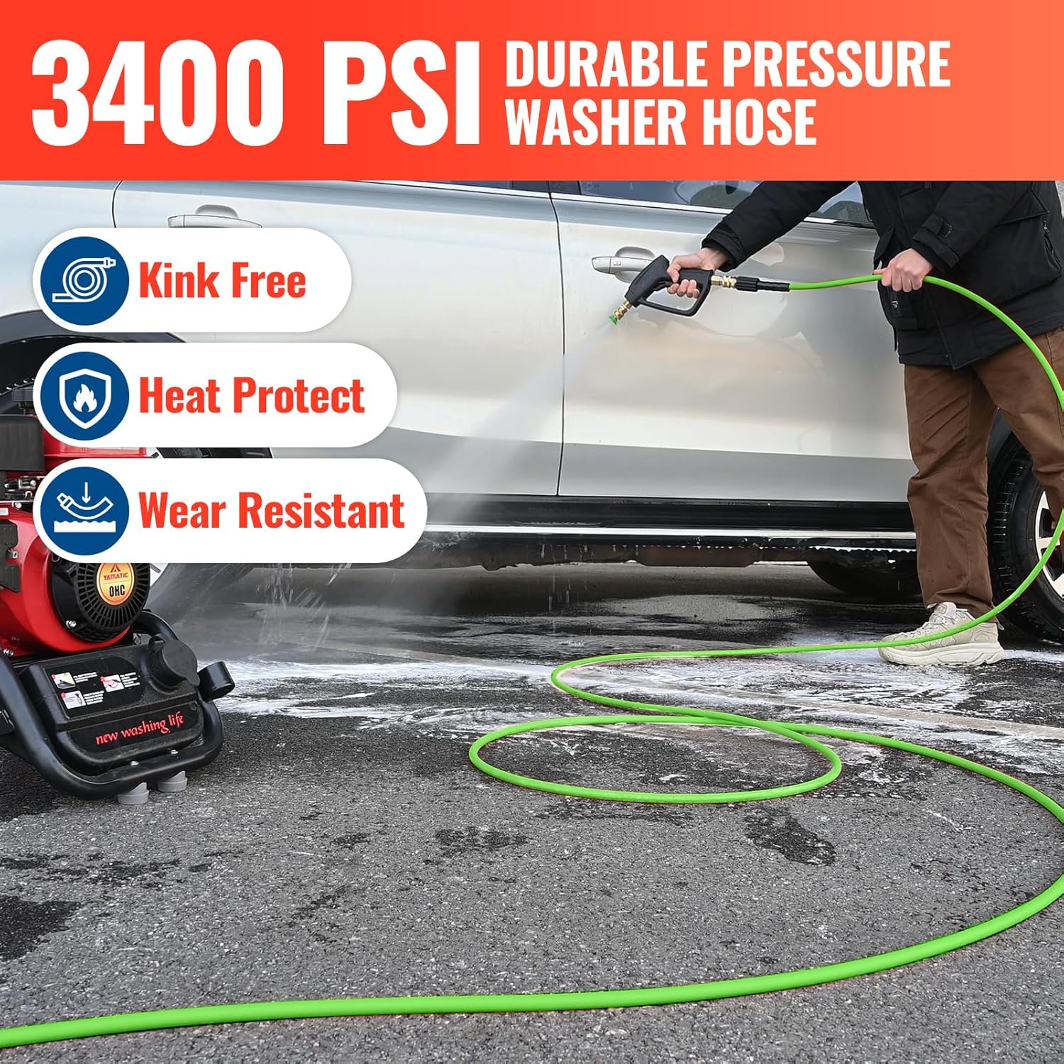 YAMATIC Upgraded Flexible Pressure Washer Hose 50 FT 3400 PSI, 1/4" Wear & Kink Resistant Power Washer Hose with Heat Protect Sleeve, Durable Replacement Hose for Uberflex Flexzilla Ryobi