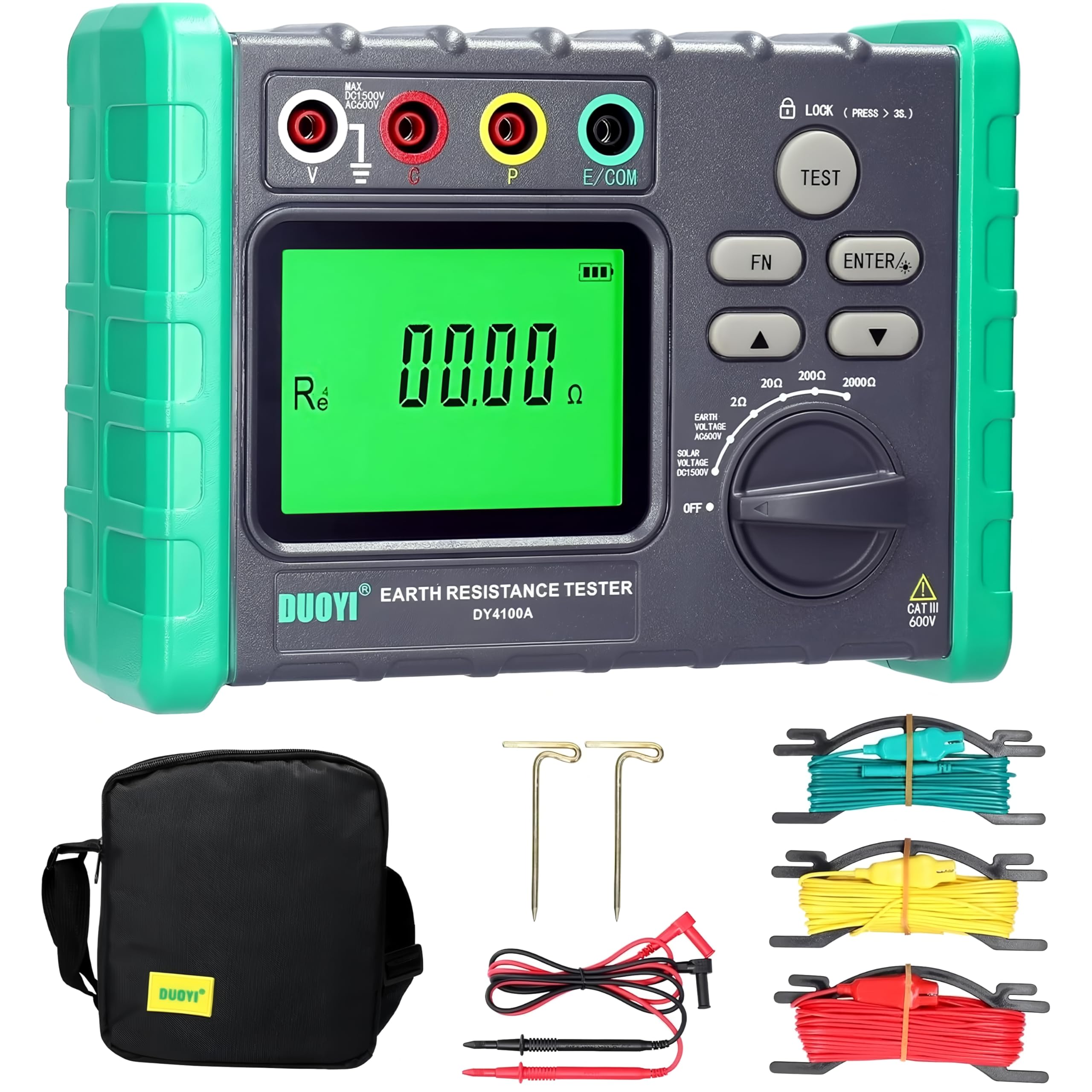 ด้านหน้า view of the DY4100A Earth Resistance Tester highlighting key product features like ground resistance range, voltage measurement, and overload protection.