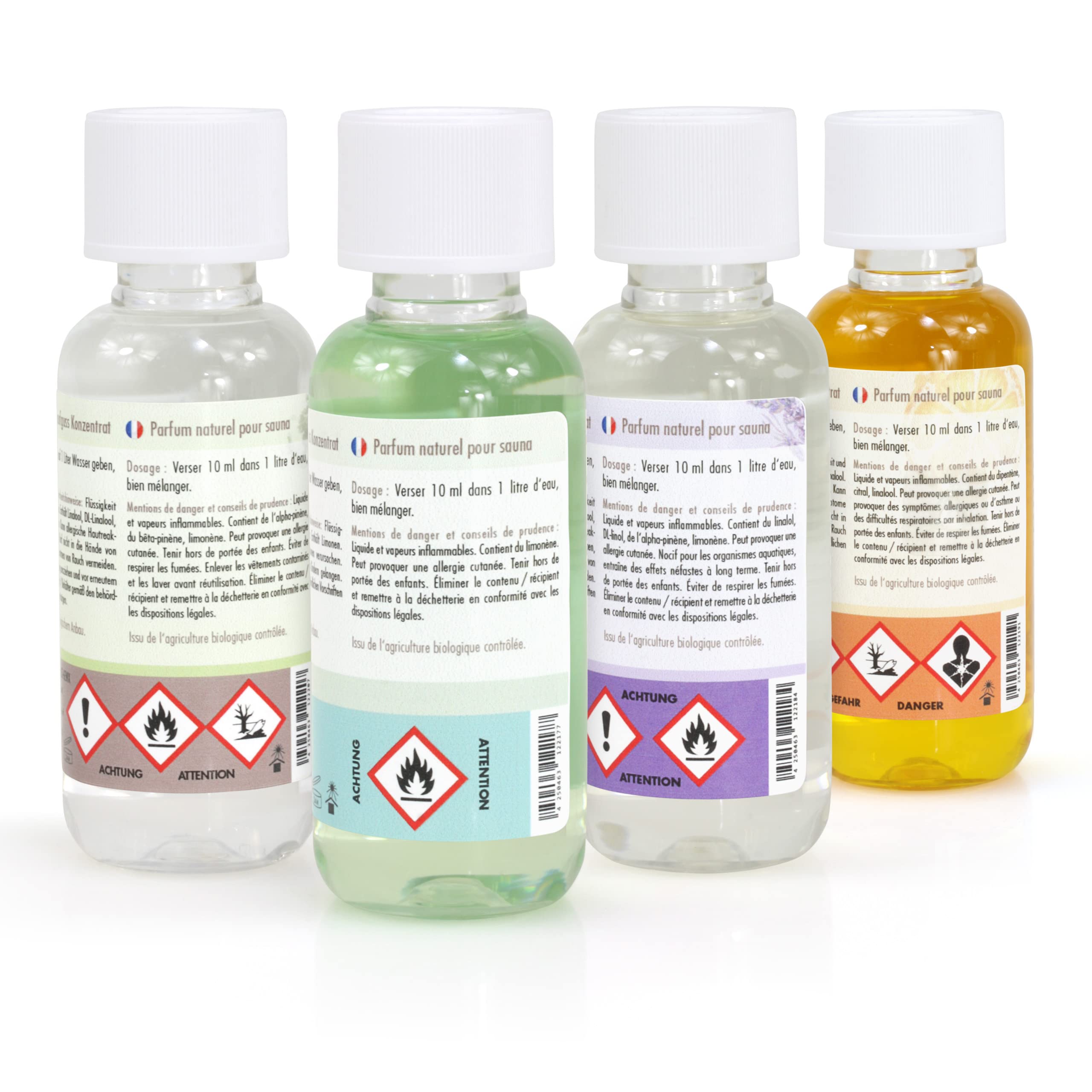 BAYZID® SPA Set de parfums bio pour sauna 4x100ml - différents concentrés de parfums pour sauna - pour le bien-être et la détente