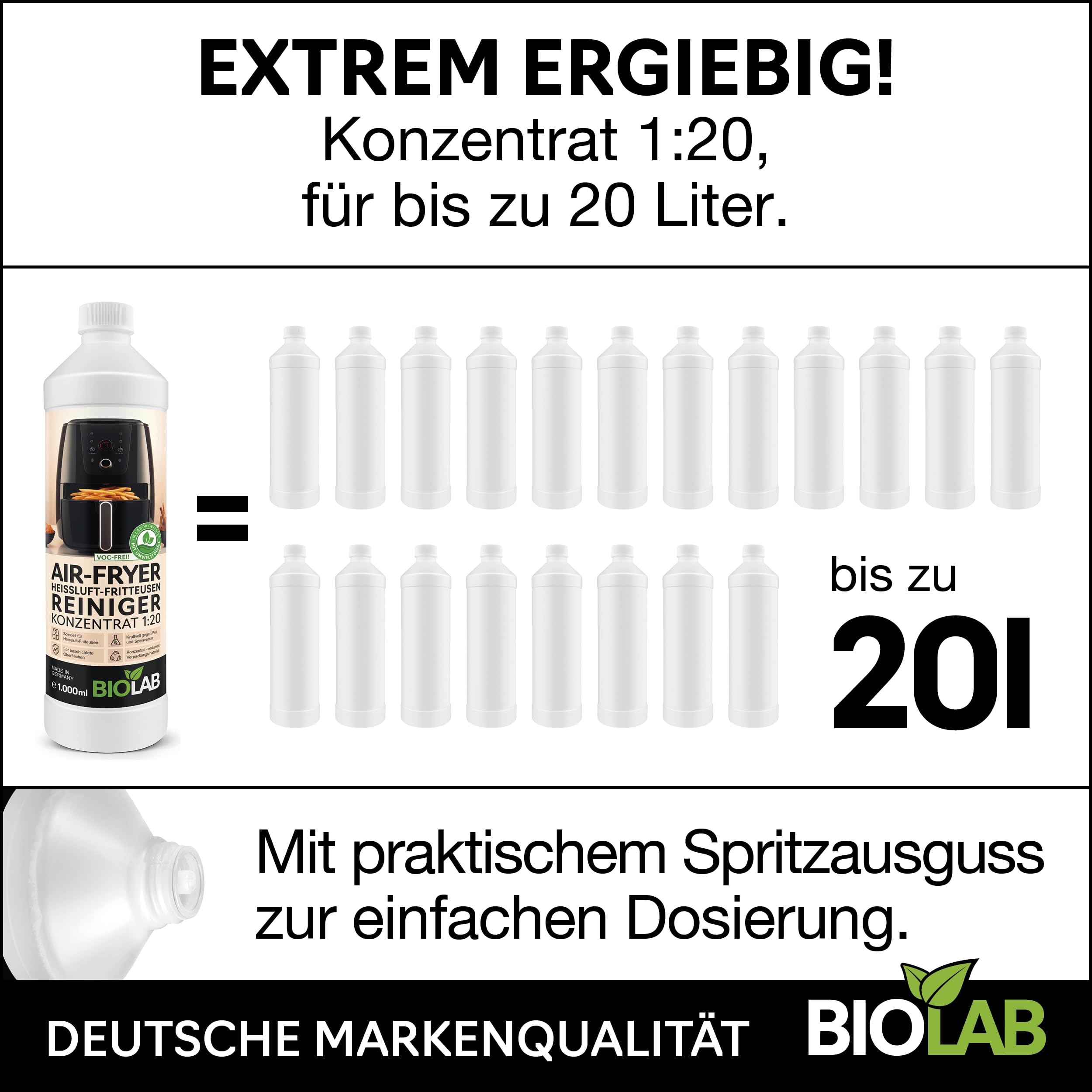 BIOLAB Aerosol limpiador Airfryer (750 ml) y limpiador concentrado (1000 ml) fuerte desengrasante para freidora de aire y freidora de aire caliente, elimina la grasa y el aceite quemados, suave para