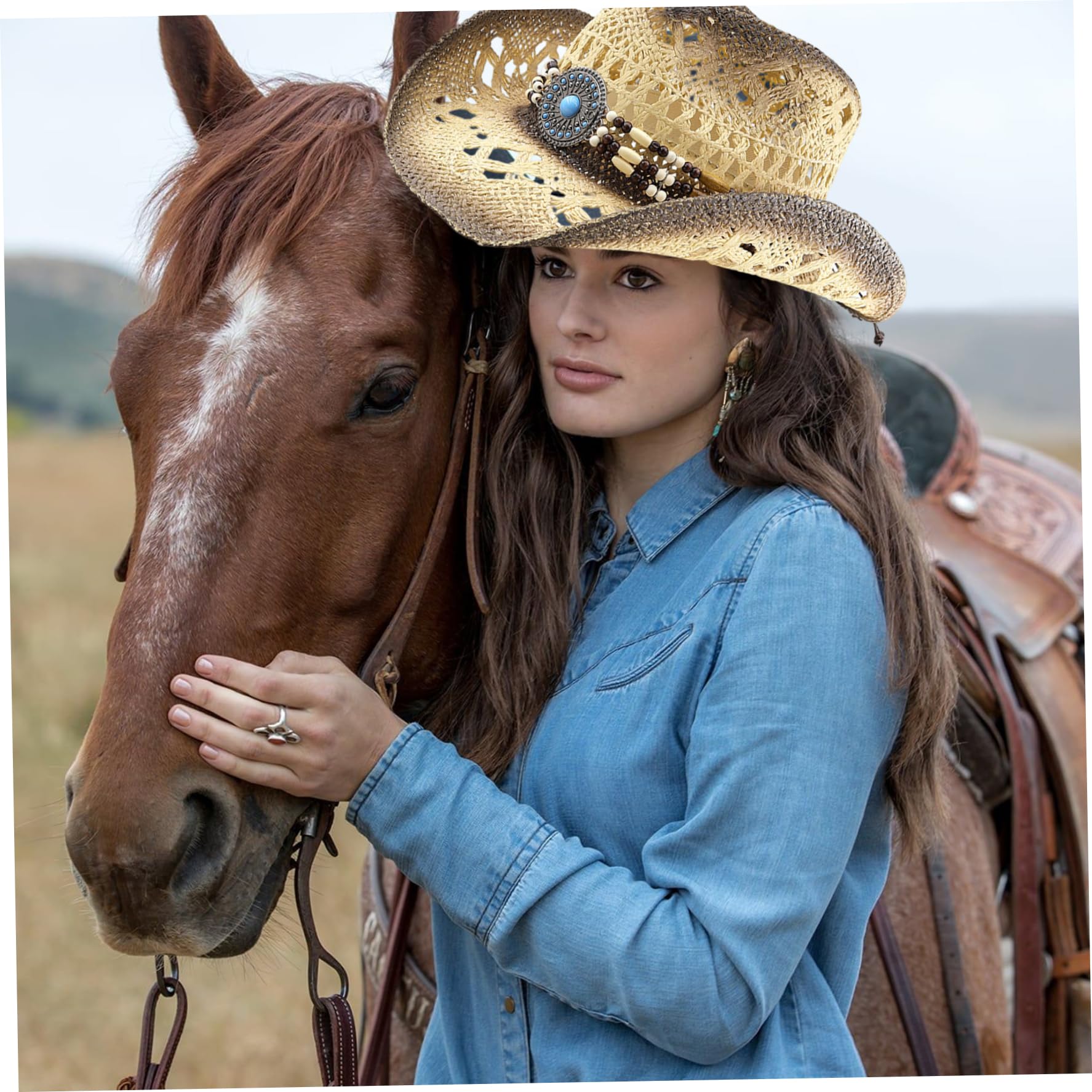 Xdyyjrasa Chapeau de Cow-Girl en Paille Occidentale avec Bord modelable – Bandes décoratives Chapeau de Cowboy en Paille pour Femmes et Hommes, Plage, Soleil