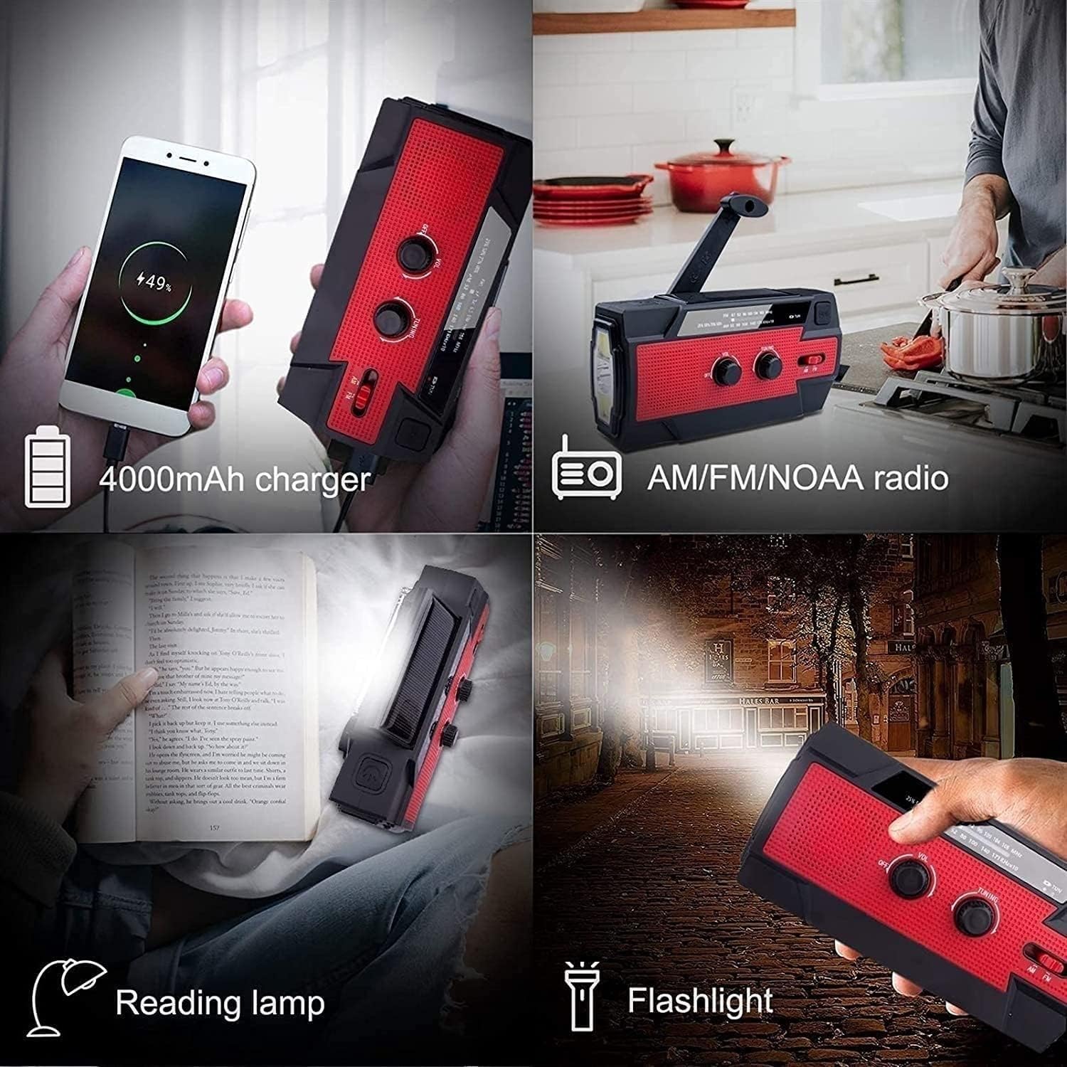 Radio pogodowe, radio awaryjne z korbką ręczną zasilane energią słoneczną o pojemności 4000 mAh, przenośne radio AM/FM z latarką, powerbank