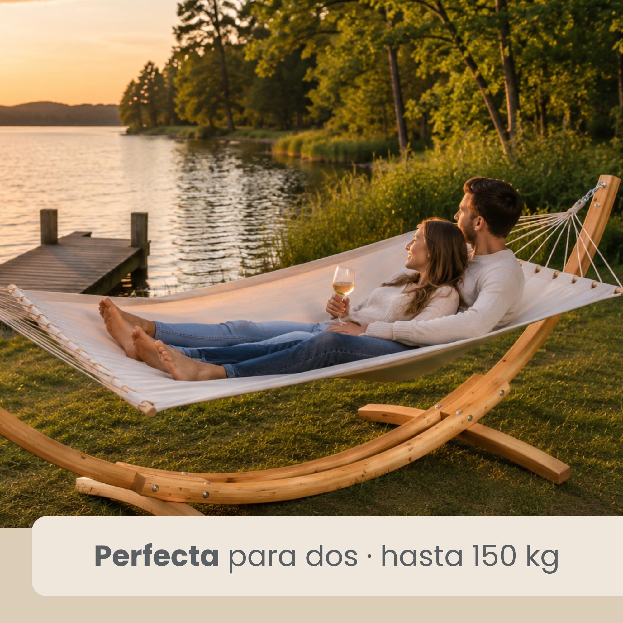 AMANKA Hamaca Terraza con Soporte - 325 cm Madera Exterior - Jardín con Colgante - Hamaca Doble - Marco de Jardín