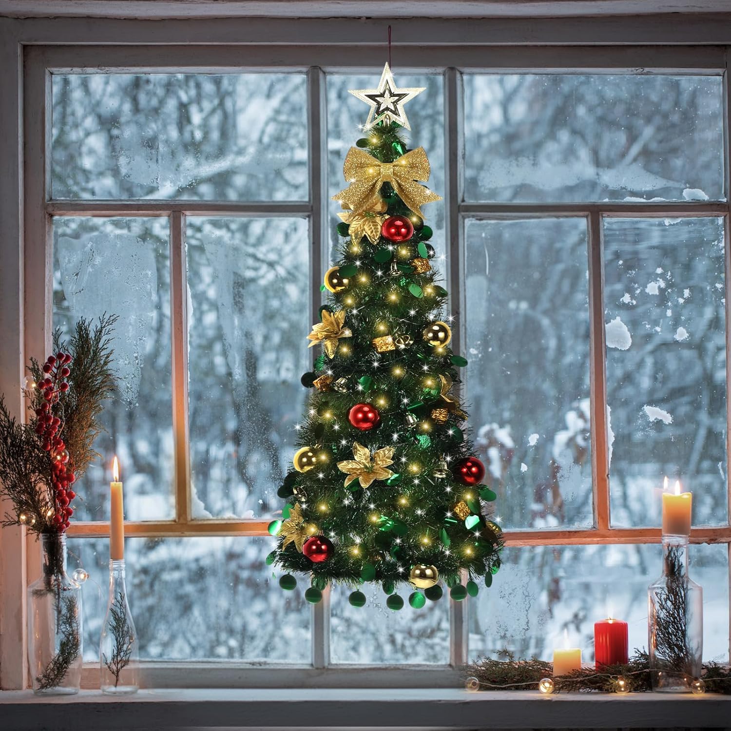 Wall Christmas Tree with Lights 40inch, Artificial Wall Hanging Xmas Decoration with 50 LED String Lights, Saving-Space Door Hanging Xmas Tree Small Space Home School Office(Gold)