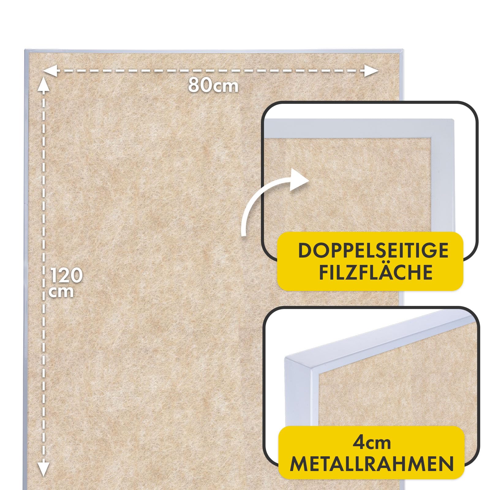 OfficeMarshal Moderationwand Doppelseitig 80 x 120 cm Präsentationstafel mit feststellbaren Rollen - Filztafel Pinnwand - Stabiler Metallrahmen - Giant (Beige)
