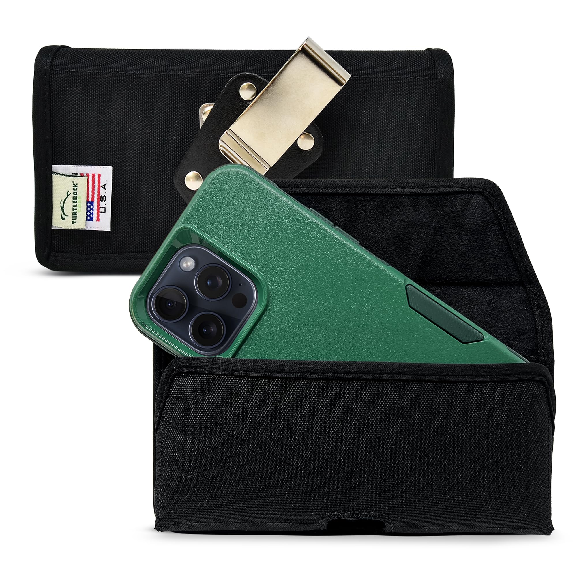 Turtleback Holster Clip Designed for iPhone 15 Pro Max Fits Otterbox Commuter Series or Similar Size case Horizontal Black Nylon Heavy Duty Rotating Belt Clip, Made in USA - Case Not Included