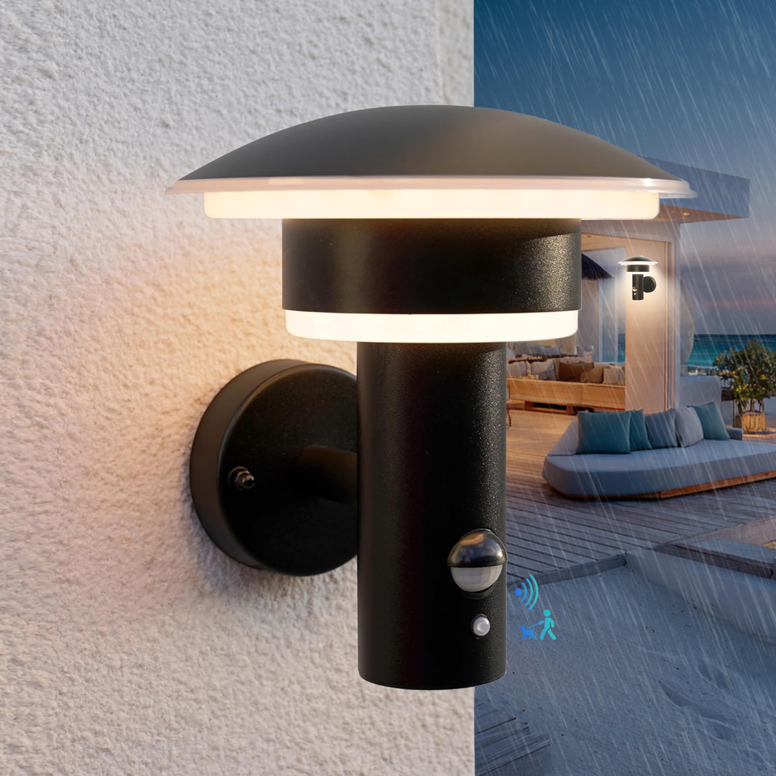 NBHANYUAN Lighting® Applique Murale LED Exterieur avec Détecteur de Mouvement et Interrupteur Crépusculaire Lampe Exterieur Inox SUS316 Luminaire Noir 9W 220V-240V IP44 (Avec Capteur PIR)
