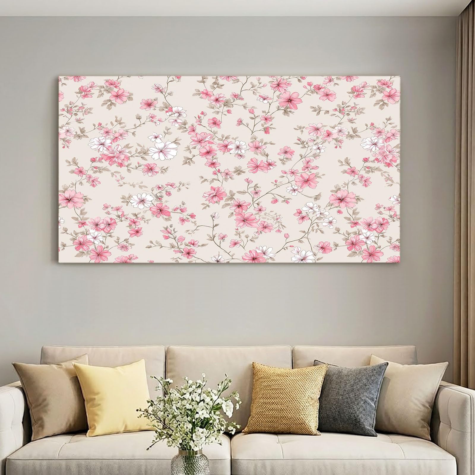 Lienzo decorativo de 100 x 70 cm, diseño vintage con flores rosas, ramas de flores silvestres, decoración de pared para salón, dormitorio, oficina