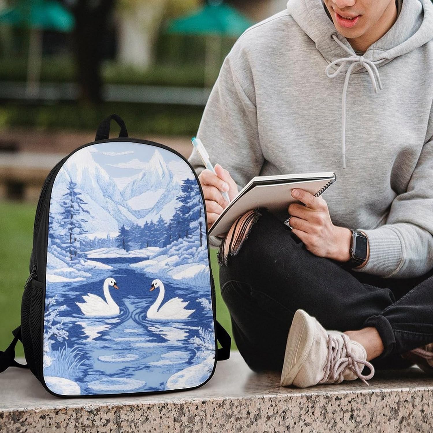 Swans Winter Snow Scene Unisex Backpack 17" Casual Daypacks Simple Shoulders Bag for Camping Hiking Travel Gear