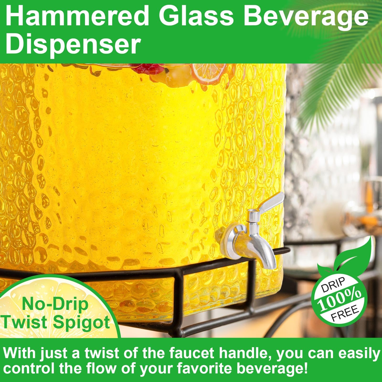 Paquete de 2 dispensadores de agua de vidrio de 5 galones, dispensador de bebidas de vidrio martillado, dispensador de bebidas con espiga de acero inoxidable para fiestas, bodas, limonada, té