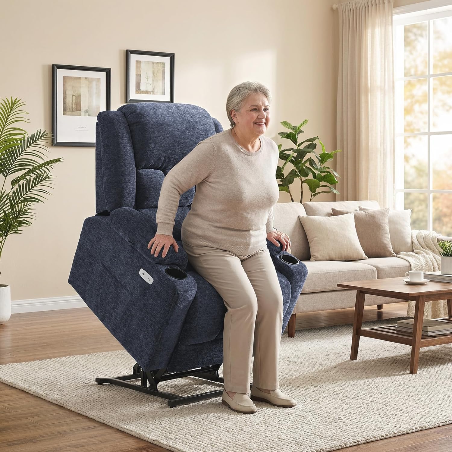 EONIX Dual Motor Lay Flat Power Lift Recliner Chair for Elderly, Electric Recliner Lift Chair for Adults with Cup Holders, 400lbs Heavy Duty Power Lift Sofa with Heat and Massage, Navy Blue