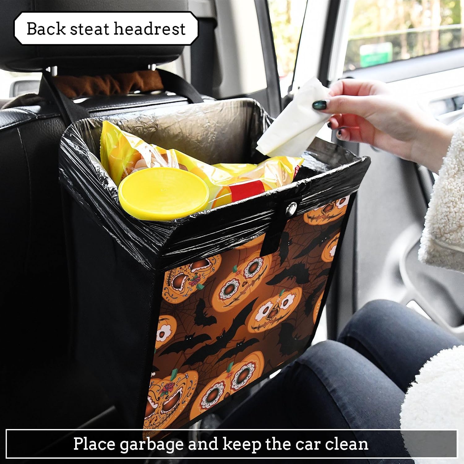 Car Trash Can Trash Bin for Car Foldable Hanging Trash Bag Storage Pocket Organizer Cute Car Gadgets Garbage Adjustable Shoulder Elastic Strap Pumpkin Bat image 5