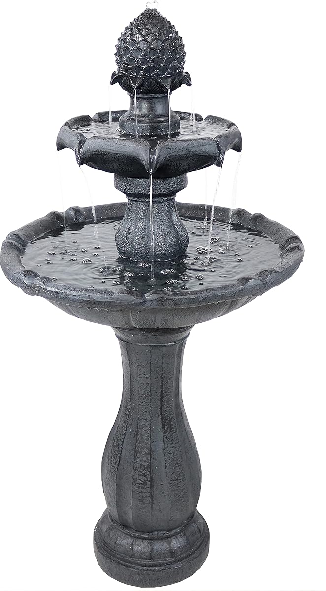 Sunnydaze 46" 2-Tier Solar Water Fountain, Pineapple Top, Black | Outdoor Solar Garden Fountain for Patio, Yard, Balcony, Easy Assembly, Calming Sound, Durable Polyresin, with Battery Backup