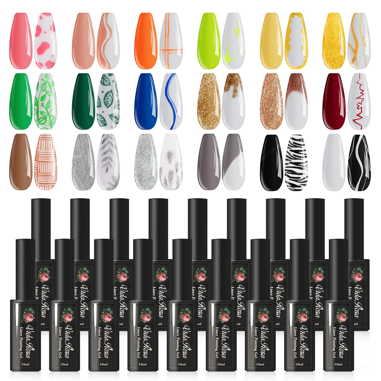 18 colori selezionati, smalti per unghie in gel pennarello UV LED per disegno delle unghie Set smalti semipermanenti per unghie 3D fai da te Penna per unghie Linea di trazione per salone manicure