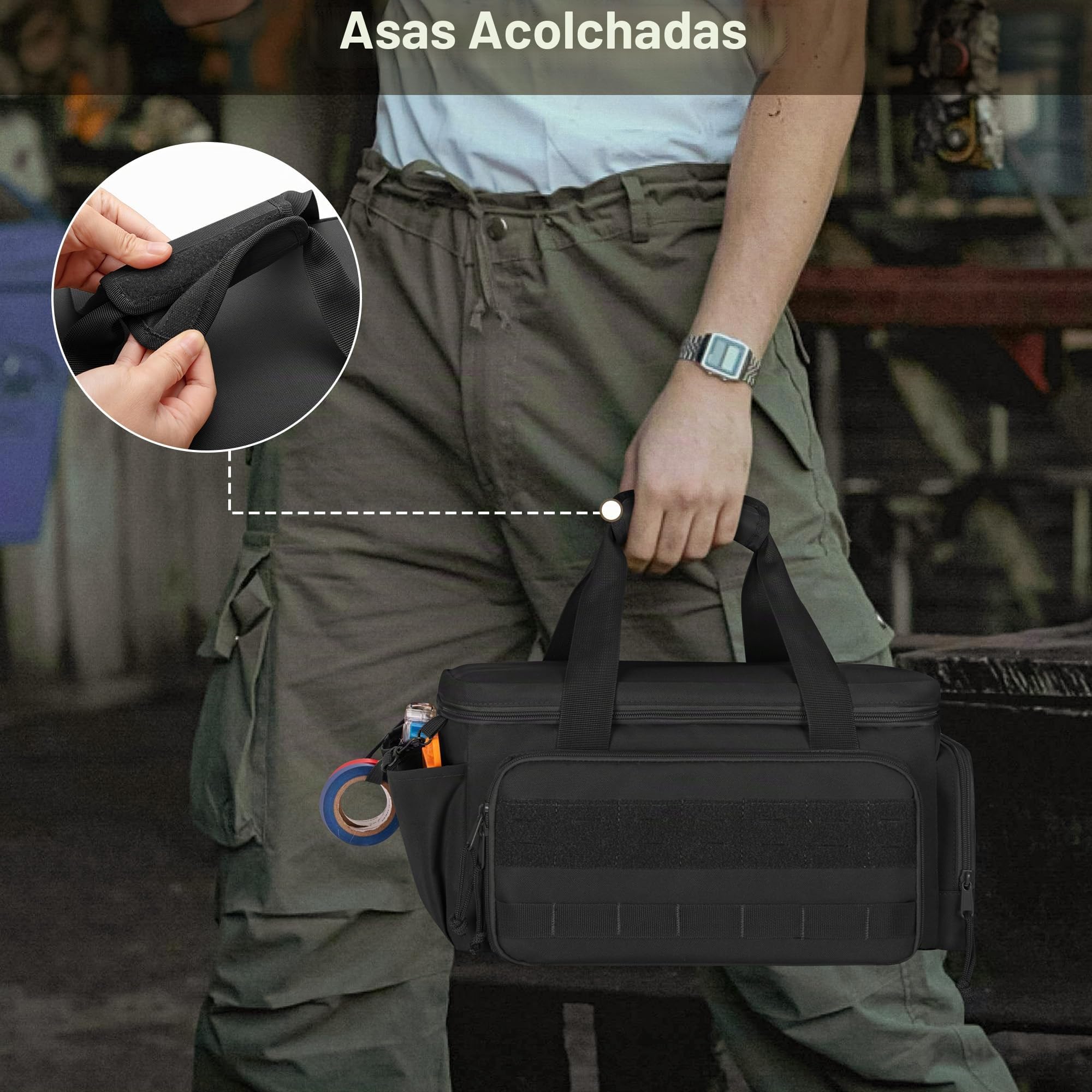 Rexmica Bolsa de Herramientas Electricista para Hombres, Negro | Bolsa de Trabajo Multiusos con Fondo Acolchado Grueso para Reparadores, Electricistas, Carpinteros