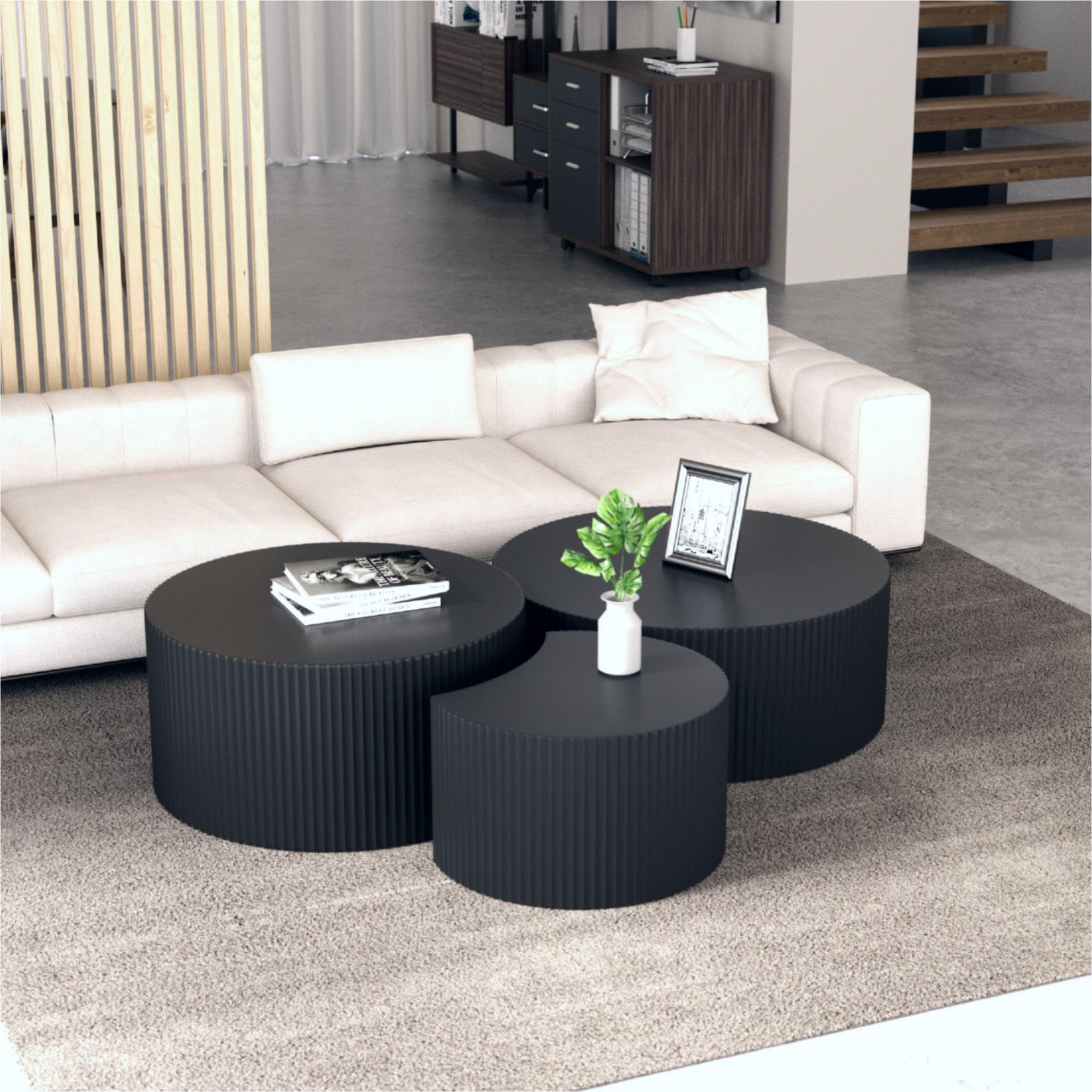 KEVINSPACE Round Coffee Table Set of 3, Modern Handcraft Nesting Table Wood Side Table Drum Accent End Table Circular Coffee Table Set for Living Room