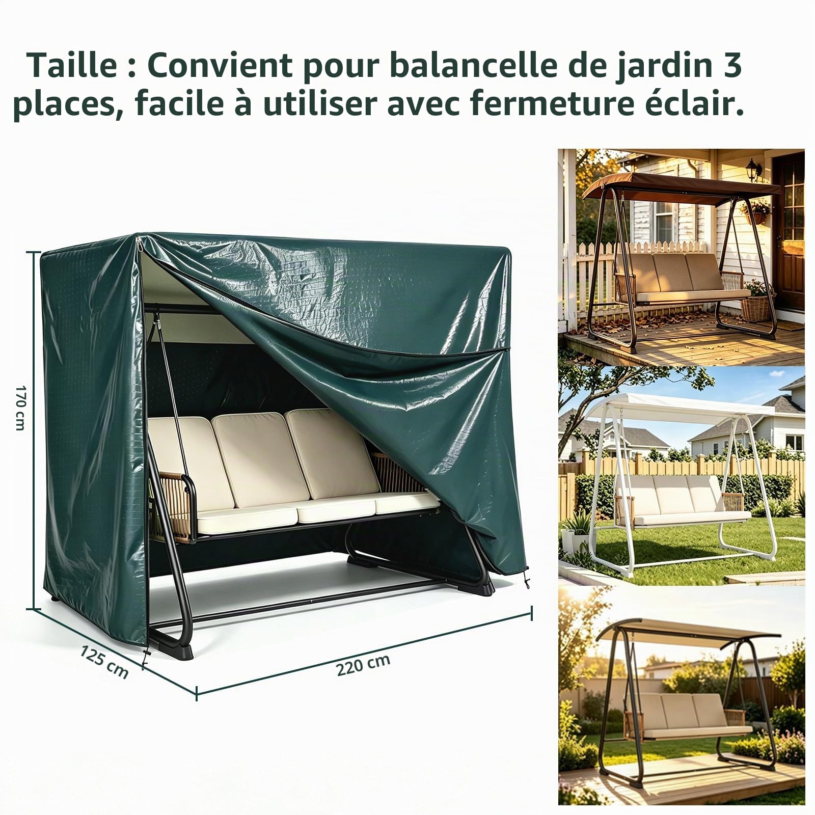 Housse pour balancelle, 3 places, 220 x 125 x 170 cm, grande, avec fermetures éclair, étanche, anti-poussière, vert,