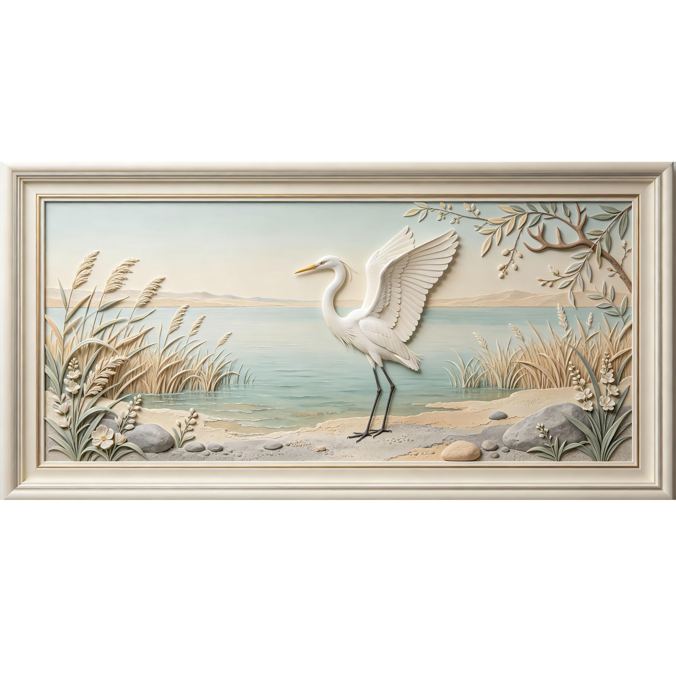 Agglomerix 3D Framed Wall Art White Heron Lake Coastal Relief Effect Modern Nature Landscape Artwork Large Size SelfAdhesive Removable Wall Decor Prints Artwork for Living Room Bedroom Office