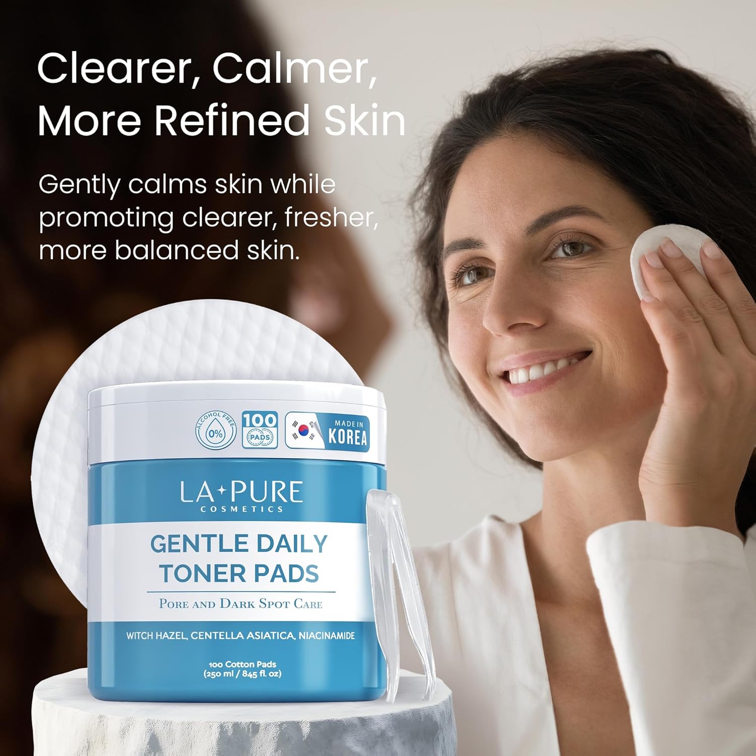 La Pure Korean Toner Pads, Large, 100 Ct, with Witch Hazel, Centella Asiatica & Niacinamide, Alcohol-Free, Gentle Exfoliating Pore & Dark Spot Care