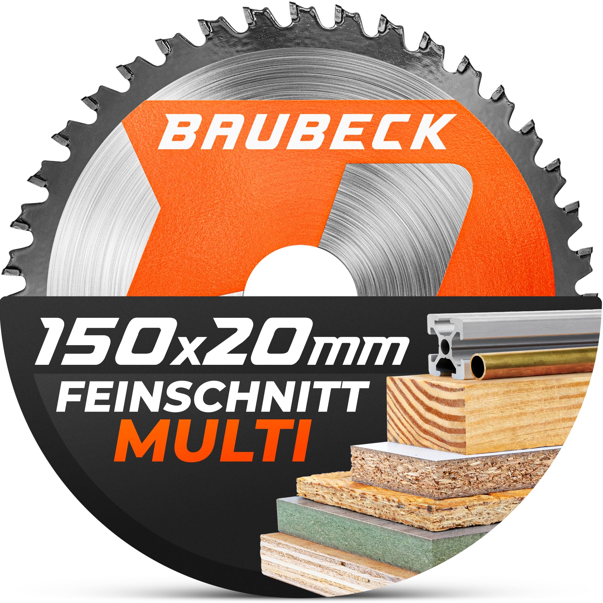 BAUBECK Kreissägeblatt 150 x 20 mm mit Adapter 16/10 mm, 40 Zähne, 1,5 mm Schnittbreite, für Holz und Aluminium, kompatibel mit Bosch PKS 18 LI und Makita DCS551Z, 18V Akku