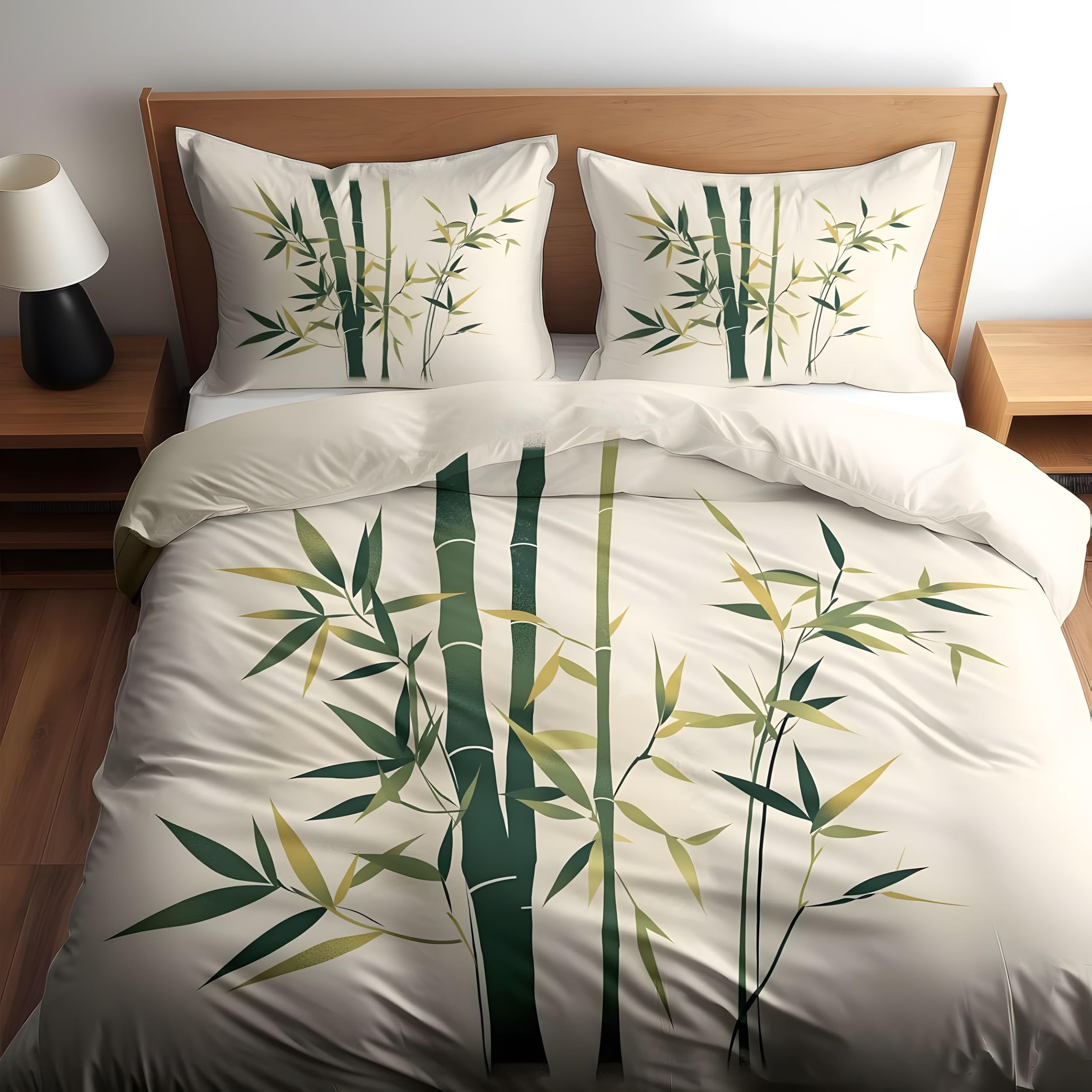YZQGLHP Green Bamboo Small Double Duvet Cover Set 135x220cm – 3D Print Beige Lightweight Microfiber Bedding, Soft Quilt Cover with Zipper & 2 Pillowcases 50x75cm