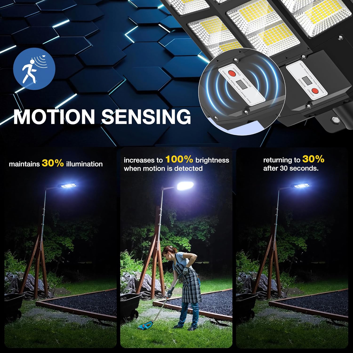 OKPRO Solar Street Light mounted on a pole, showing the solar panel facing upwards for charging.