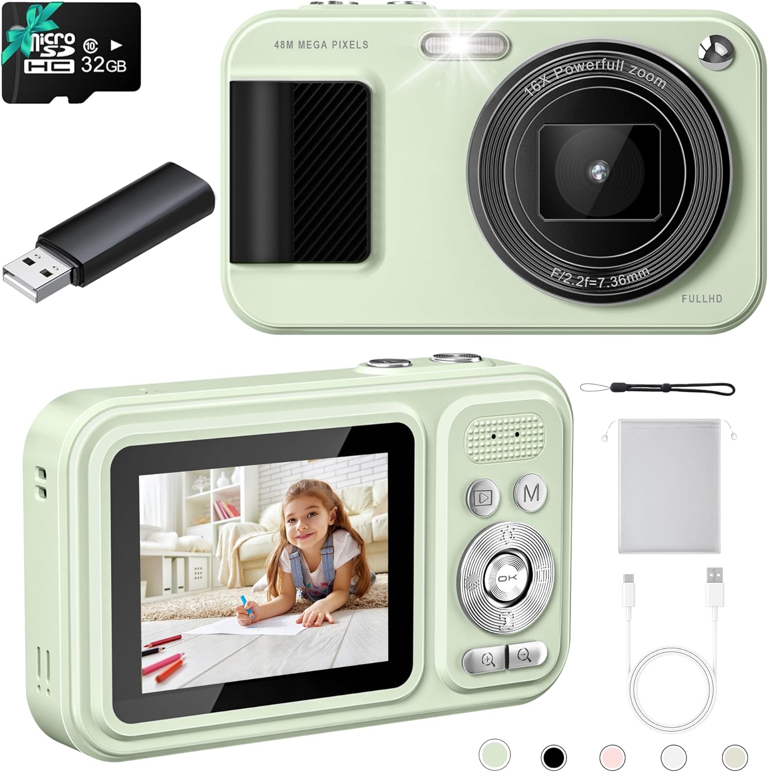Digital Camera, 48MP Autofocus Digital Point and Shoot Camera, FHD 1080P Kids Camera with 32GB Card, 16X Zoom Vlogging Camera, Small Compact Camera for Kids and