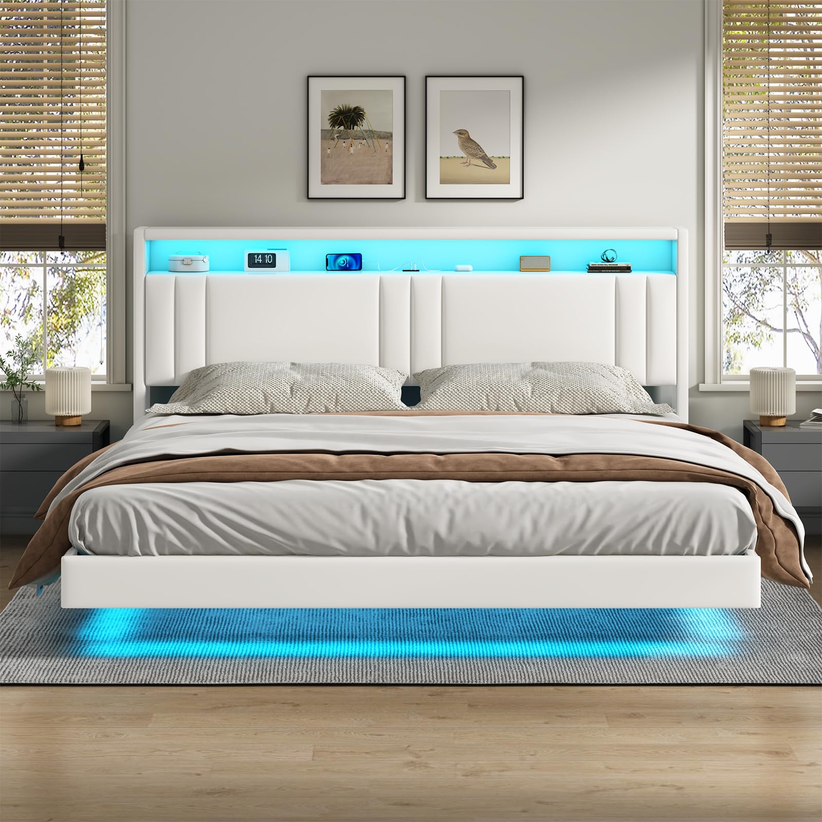 KIMENICH Letto 180 x 200 cm, Struttura Letto con Illuminazione a LED, Stazione di Ricarica, Effetto Visivo Galleggiante, Struttura del Lettos con Rete a Doghe, per Camera da Lettos, PU bianca