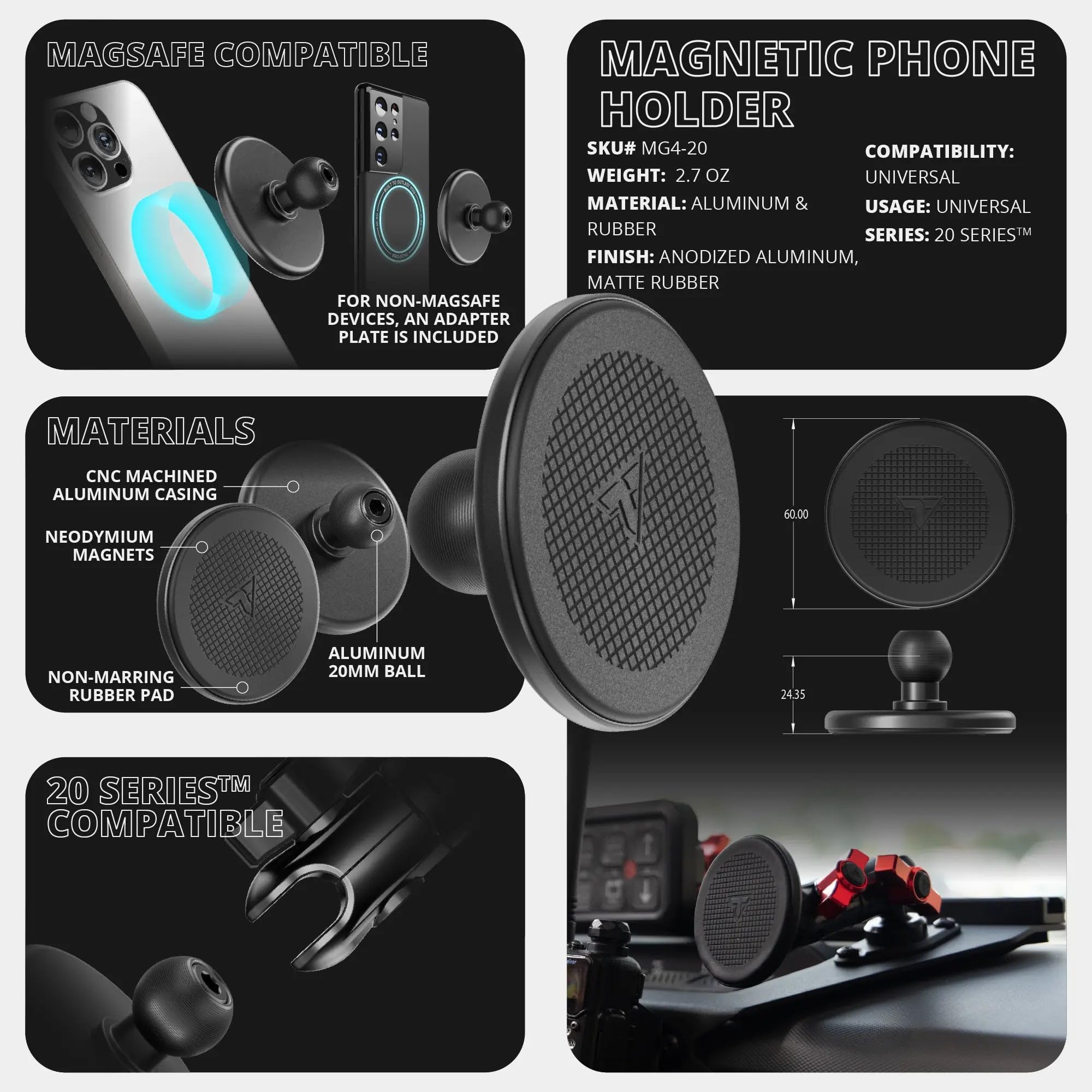 Tackform Soporte magnético de Metal para teléfono, Compatible con MagSafe, Jeep Wrangler JL, 4xe, y Gladiator JT 2024-2025, Brazo de Fibra de Carbono, Compatible con iPhone, Galaxy, más, Color Negro