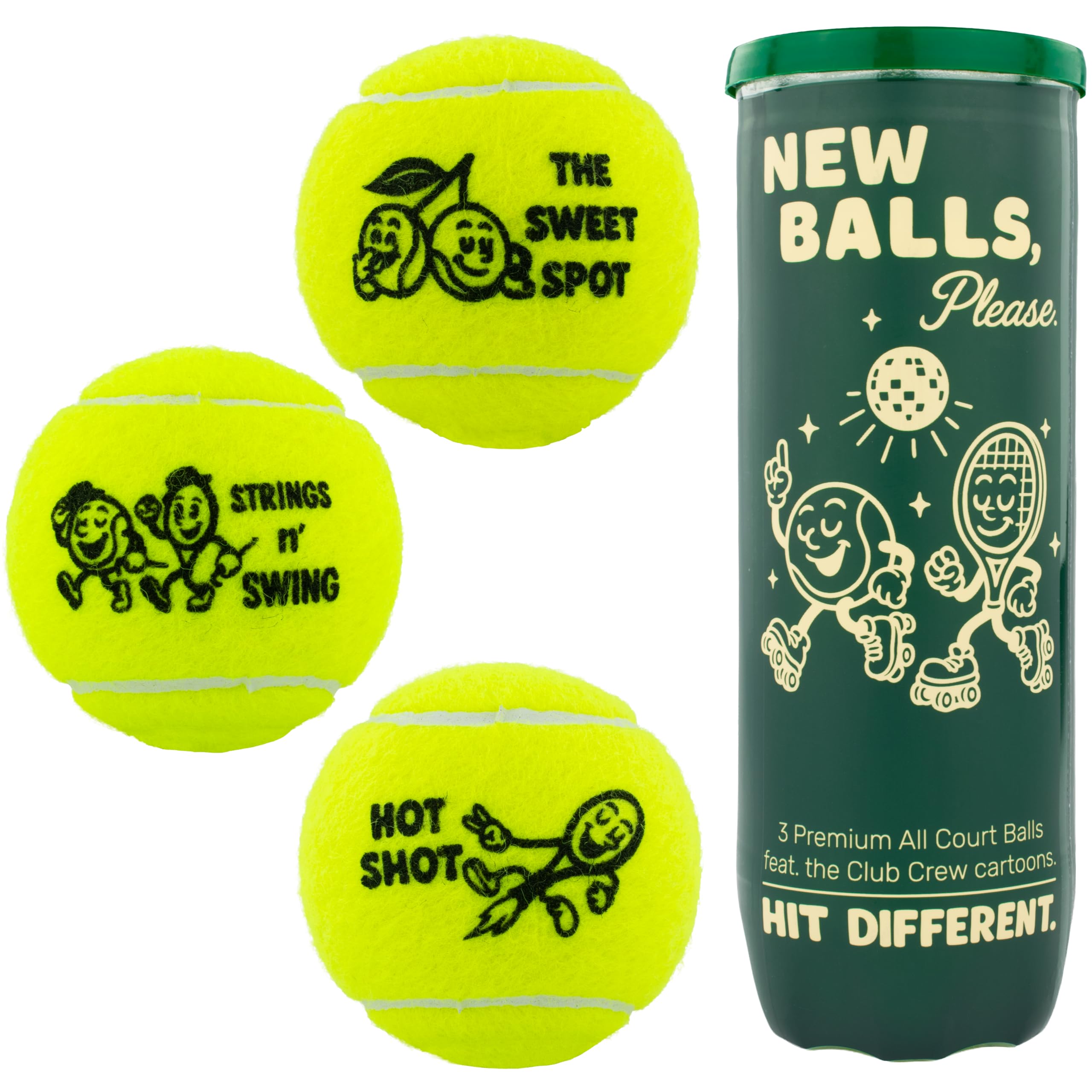 GET A GRIP - Tennis Balls - All Court Pressurised, 3 Ball Tube, Premium Performance, Durable High-Visibility Felt, Fun Cartoon Designs, Ideal Tennis Gift, Club Crew (3-Ball Tube)