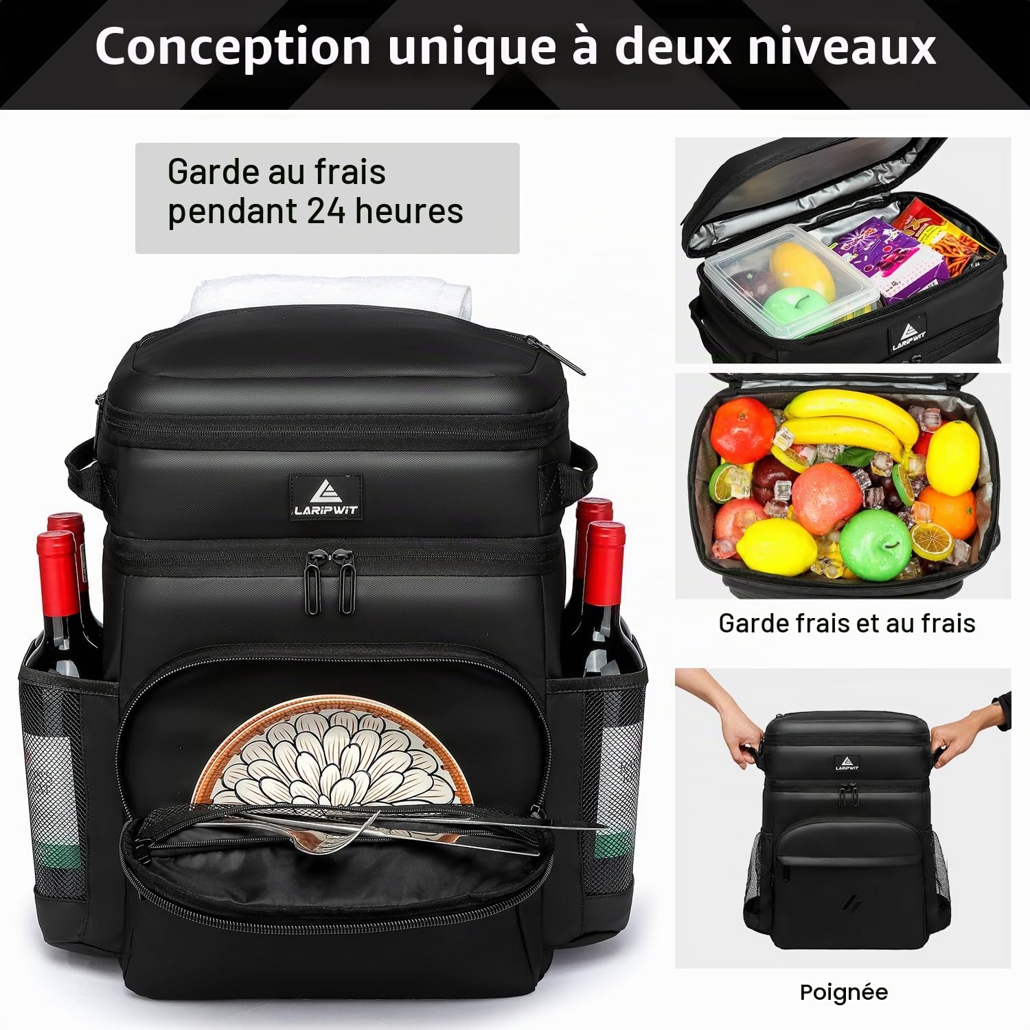 Laripwit Sac à Dos Isotherme pour 54 canettes - Sac à Dos Isotherme Anti-Fuite pour Homme et Femme - Grand Sac à Dos Doux Parfait pour Voyage Camping déjeuner Plage, Noir
