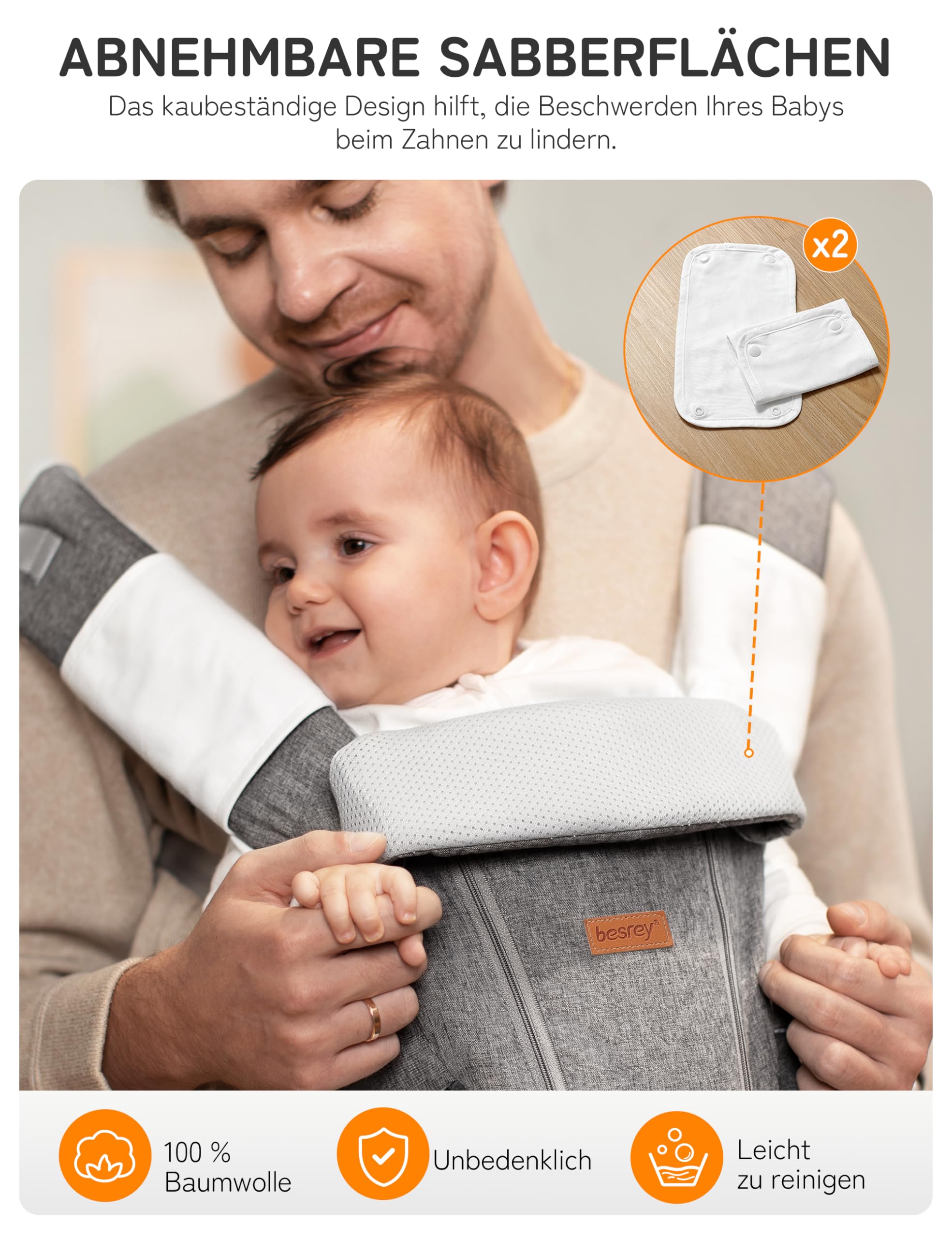 besrey Babytrage, Ergonomische Baby Trage mit Hüftsitz, Baby Carrier mit Lendenstütze, 6 Tragepositionen, Verstellbarer Tragegurt für Babys und Kleinkinder von 4–36 Monaten, Inkl. Sabberlatz
