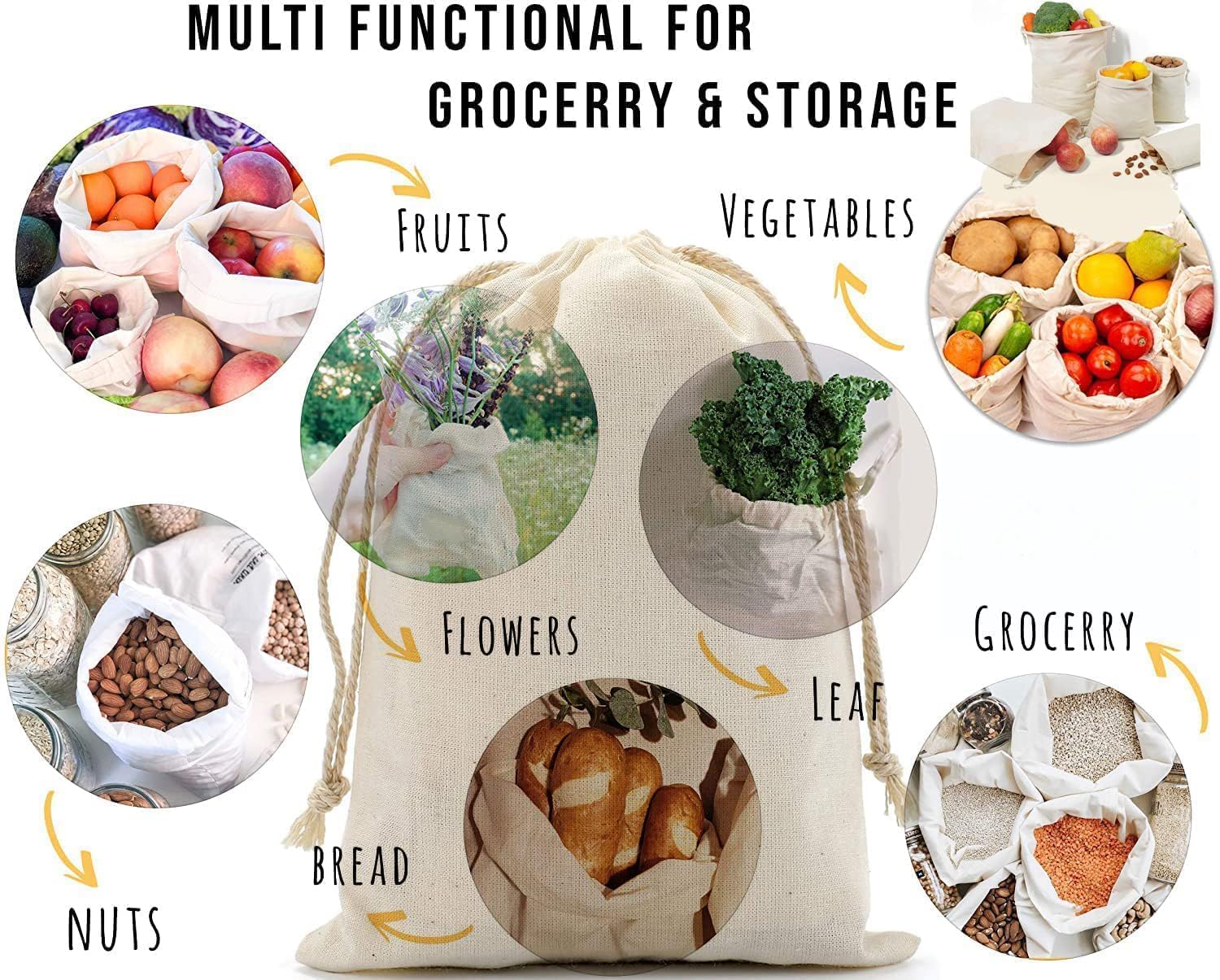 VEPROIX 100% Cotton Reusable Fridge Storage Bags for Fruits & Vegetables | Set of 12 (4 Large 10×14 in, 4 Medium 9×11 in, 4 Small 8×9 in) | Eco-Friendly Drawstring Multipurpose Bags 4