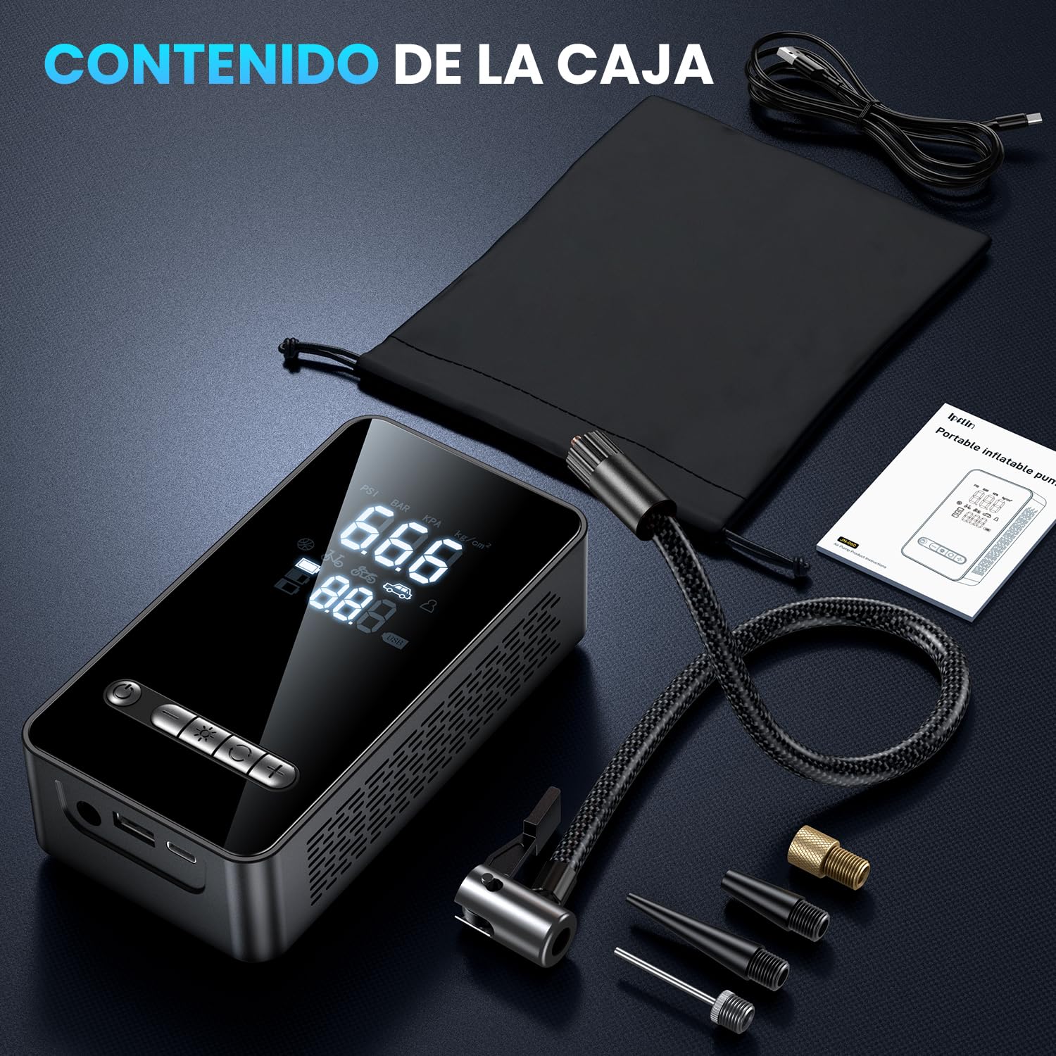 Inflador Ruedas Coche Compresor Aire Portatil - Inflador Electrico 150PSI con Función de Parada Automática, Hinchador Ruedas para Coche Moto Bicicleta Bola, Pantalla Digital y Luz LED, Nueva Versión — view 9