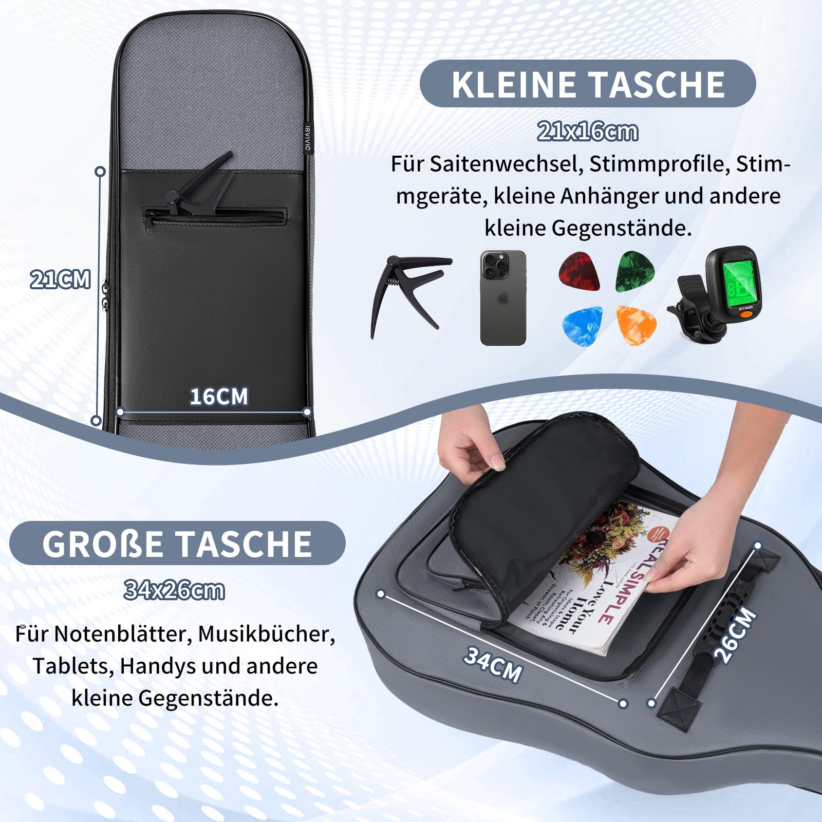 OUUTMEE 41 Zoll Tasche für E-Gitarre 104 x 40 x 7 cm Gitarrentasche Verstellbare Schultergu 5 mm Perlenwattepad 600D Oxford-Tuch，Grau