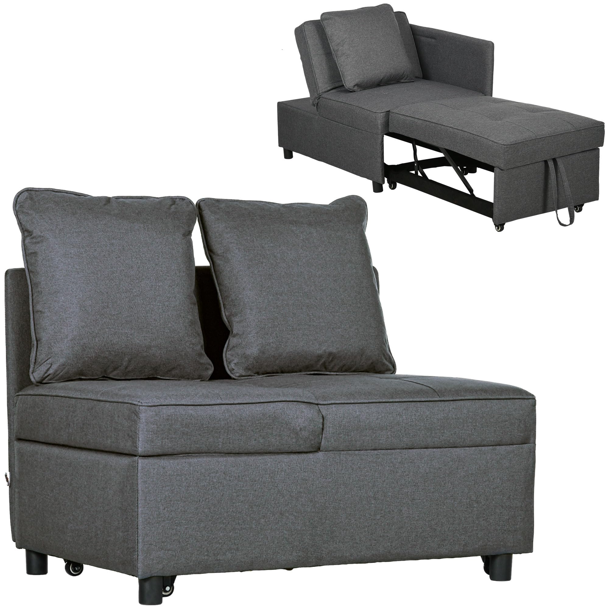 HOMCOM Convertible Single Sofa Bed with Thick Padded Seat, 3-in-1 Multi-Functional Sleeper Chair Bed with Magazine Pocket, for Living Room, Grey