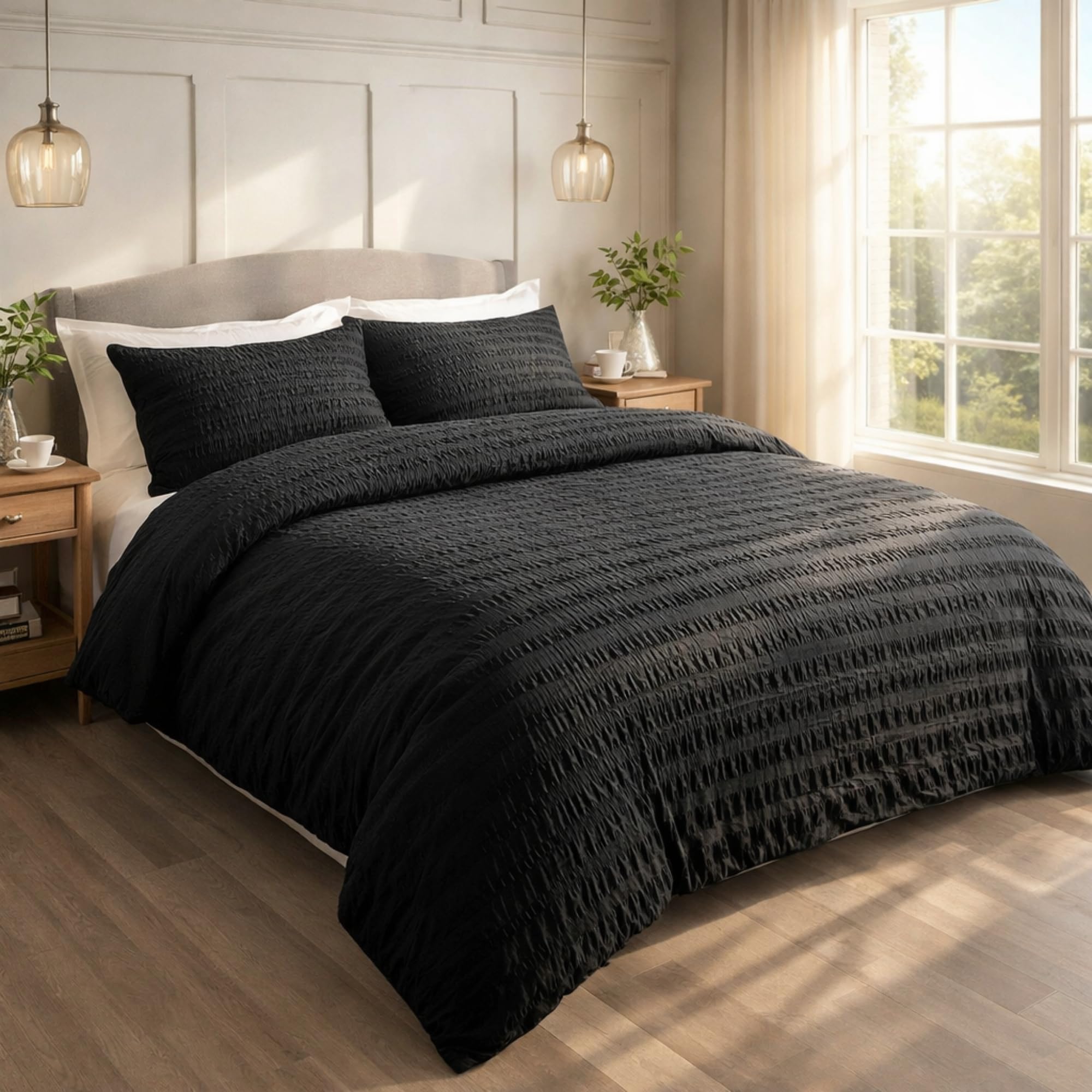 Seersucker Single Duvet Cover Set Black with Pillowcase, Ultra Soft Brushed Microfiber Bedding Set, Breathable, Easy Care, Machine Washable Quilt Cover, Wrinkle Resistant