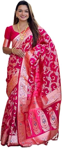 Pandadi Saree Women's Banarasi Silk Zari Meenakari Weaving Saree With Matching Blouse Piece