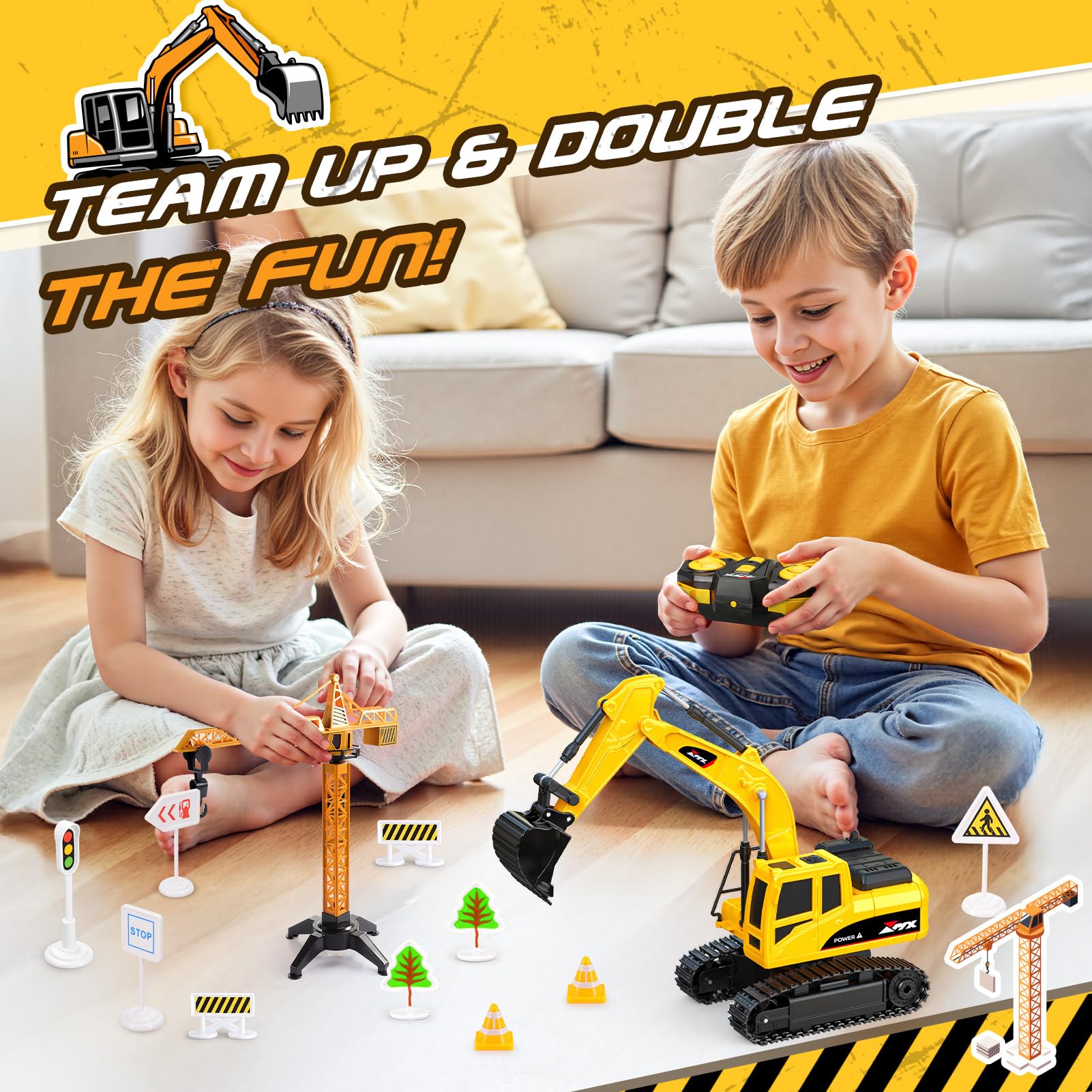 HappyGoLucky 1:24 Excavadora Juguete Teledirigido para Niños 3-9 Años, Camiones Juguete RC Teledirigido 2.4GHz con Grúa Torre y Señales de Tráfico, Luz LED, Mini Excavadora, Regalo Cumpleaños/Navidad