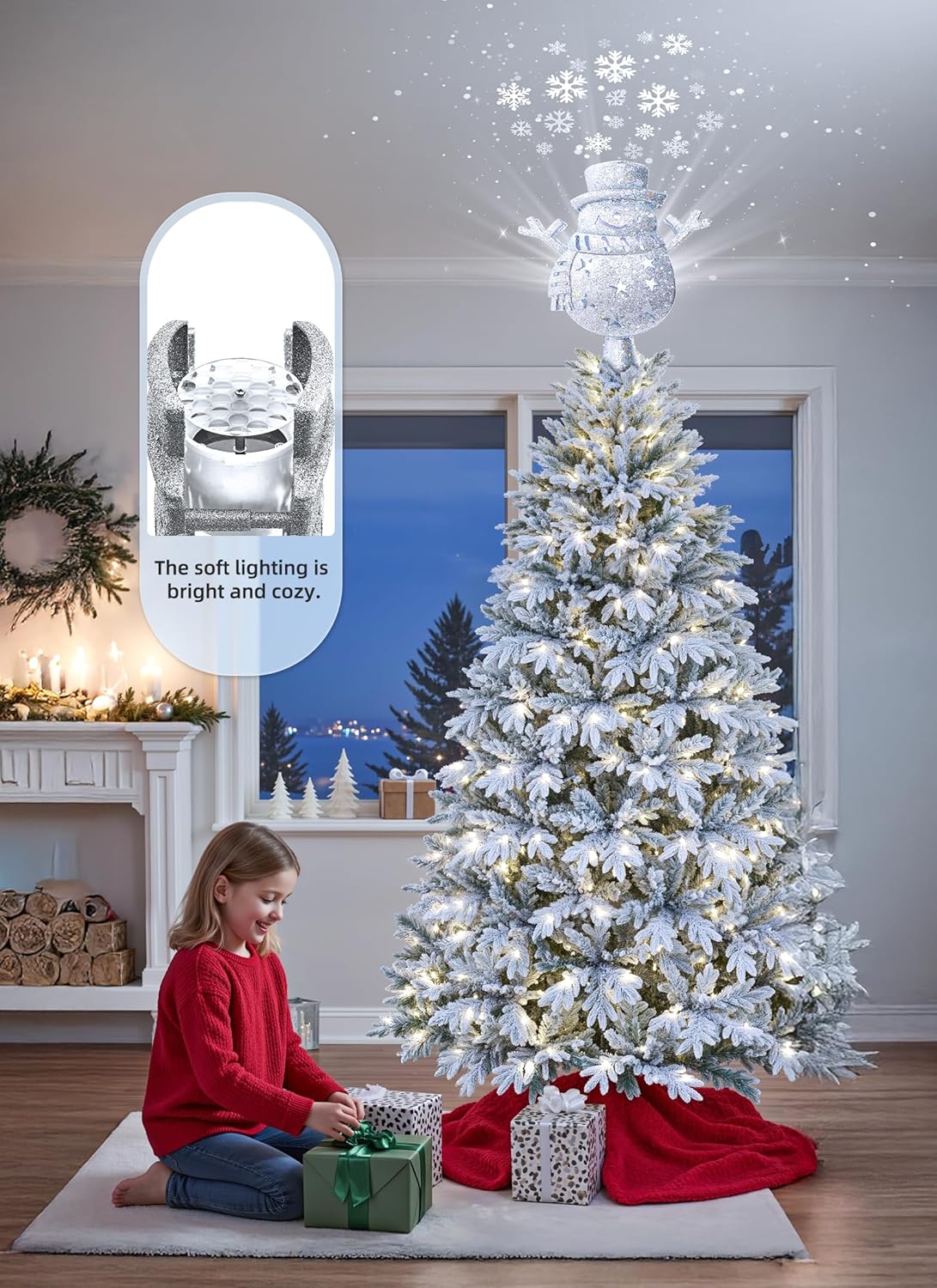 Brightown Christmas Tree Topper with Built-in 3D Glitter Led Snowflake Projector Lights, Silver Snowman Tree Toppers Christmas Decorations Indoor for Xmas New Year Party Holiday