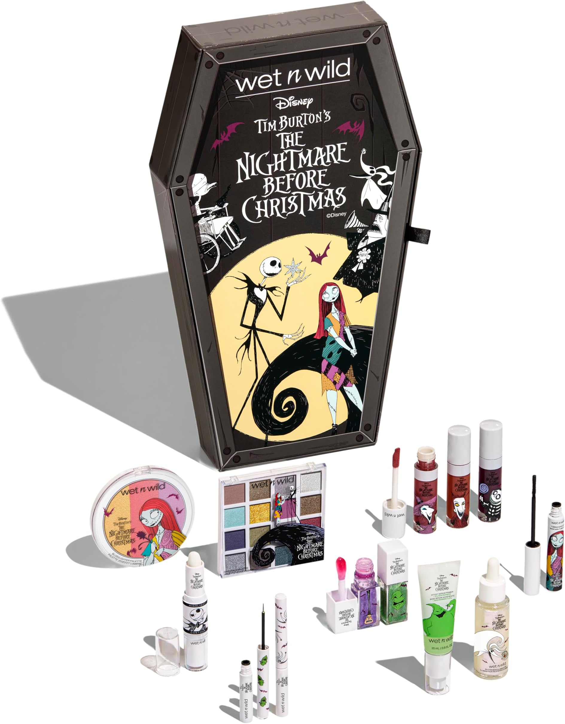 wet n wild Disney Nightmare Before Christmas Limited Edition PR Box - Coffin-Shaped Collector's Set with Eye, Face & Body Makeup, Color-Changing Lip Oils, Tubing Mascara & More - Cruelty-Free
