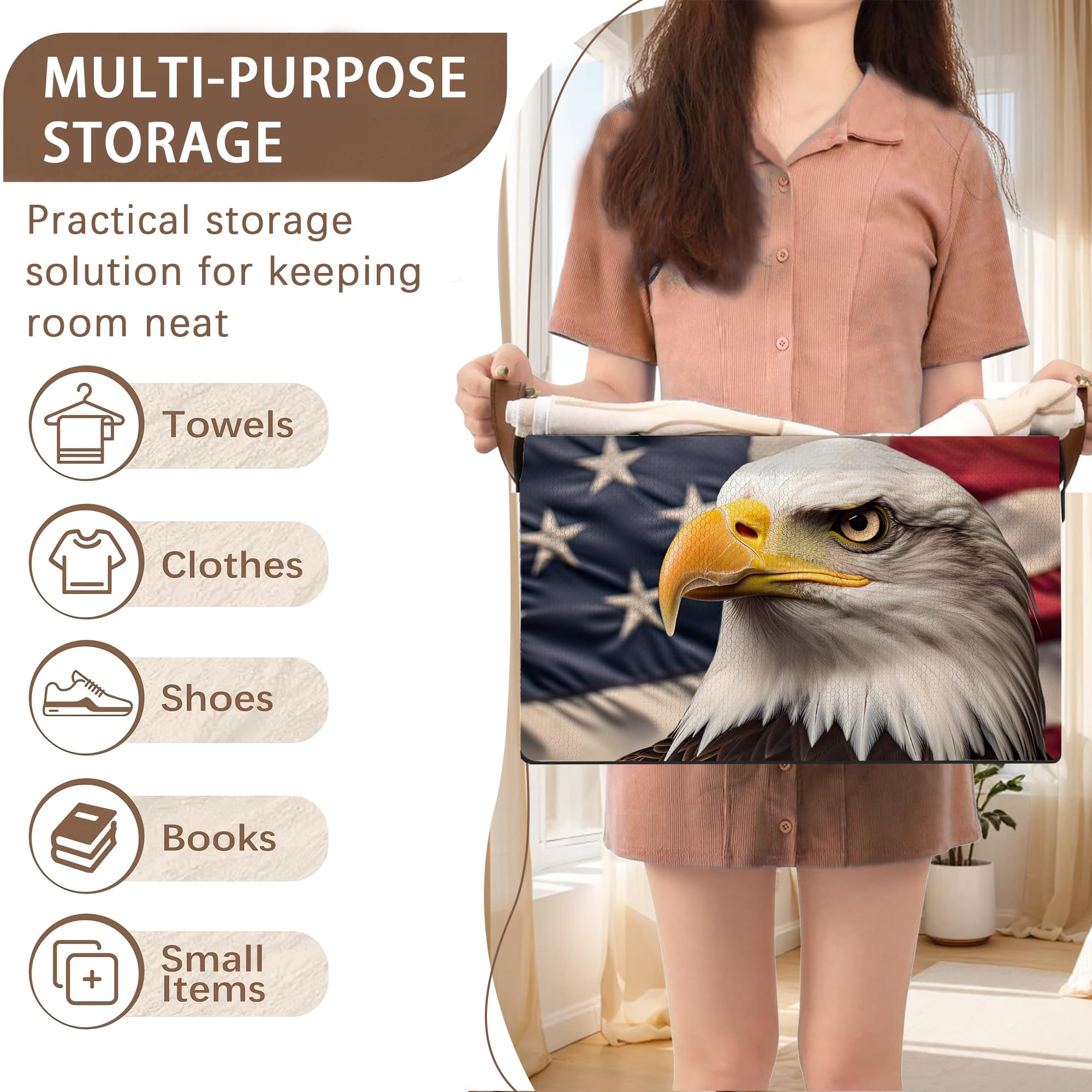 Eagle American Flag Storage Basket Large 17x11.5x10.5 Inches - Patriotic Collapsible Organizer Bin with Handles for Home,Closet,Toys - Foldable Decorative Hamper with USA Flag Design - Single Pack