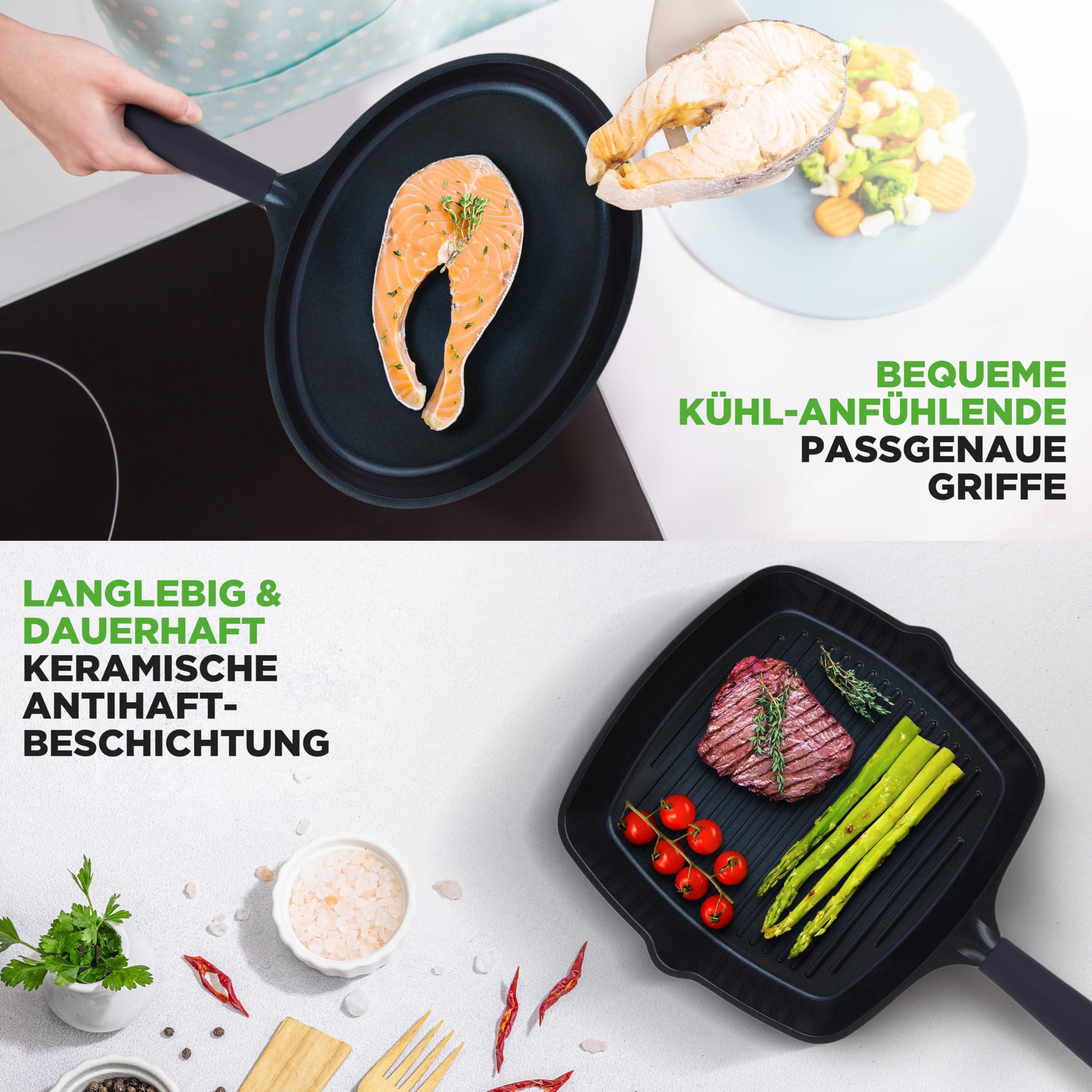 NutriChef Pfannenset 5-teilig – Grillpfanne, Wokpfanne, Bratpfanne 28 cm, Fischpfanne oval, Glasdeckel Antihaft, induktionsgeeignet, langlebiges Design, BPA-frei, ideal für gesundes Kochen