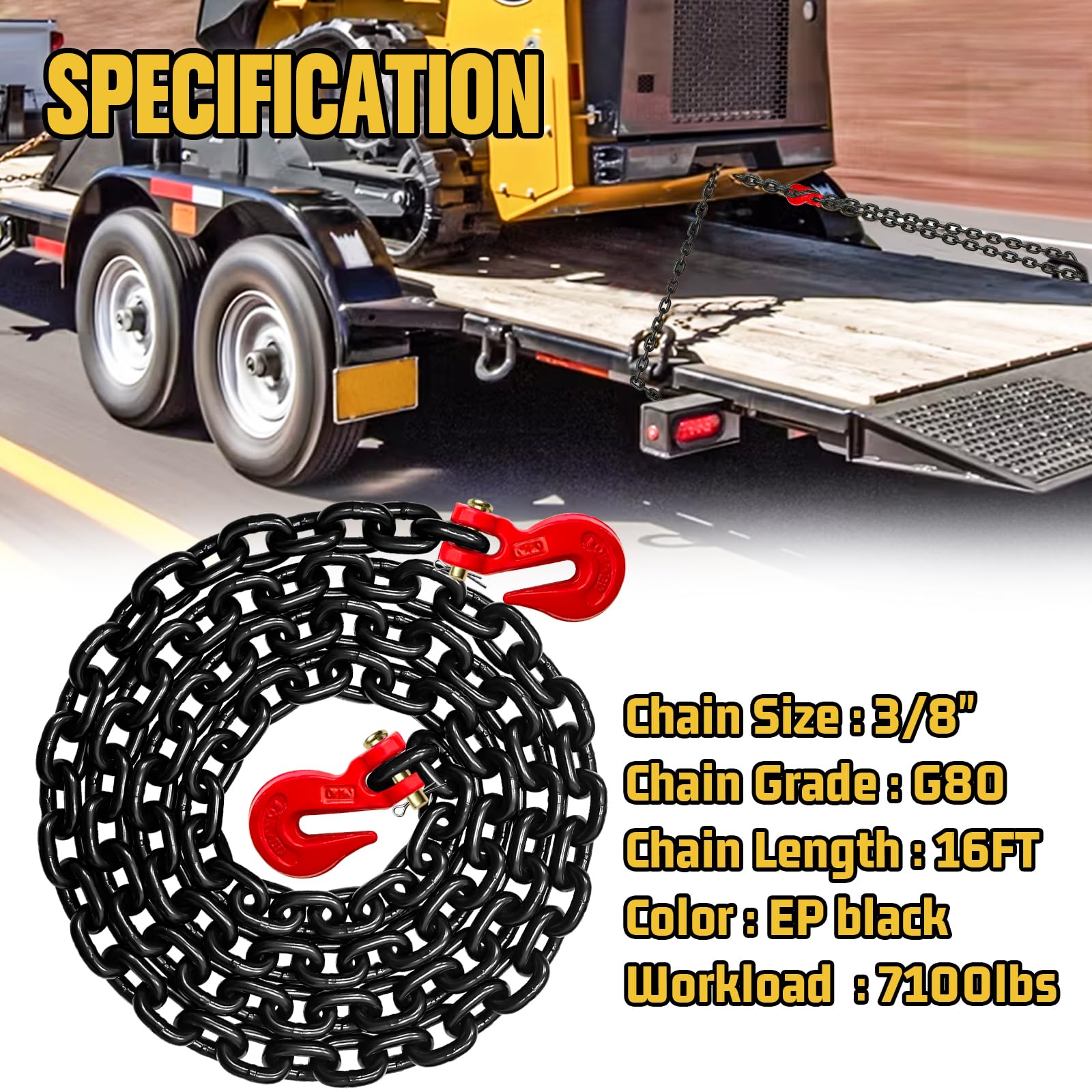 Cadena de Transporte G80, Cadenas de Seguridad de Remolque de 16 pies de 3/8 Pulgadas con Ganchos de Agarre de Horquilla, Carga de Trabajo Segura de 7000 Libras, Cadena Resistente para Registro,
