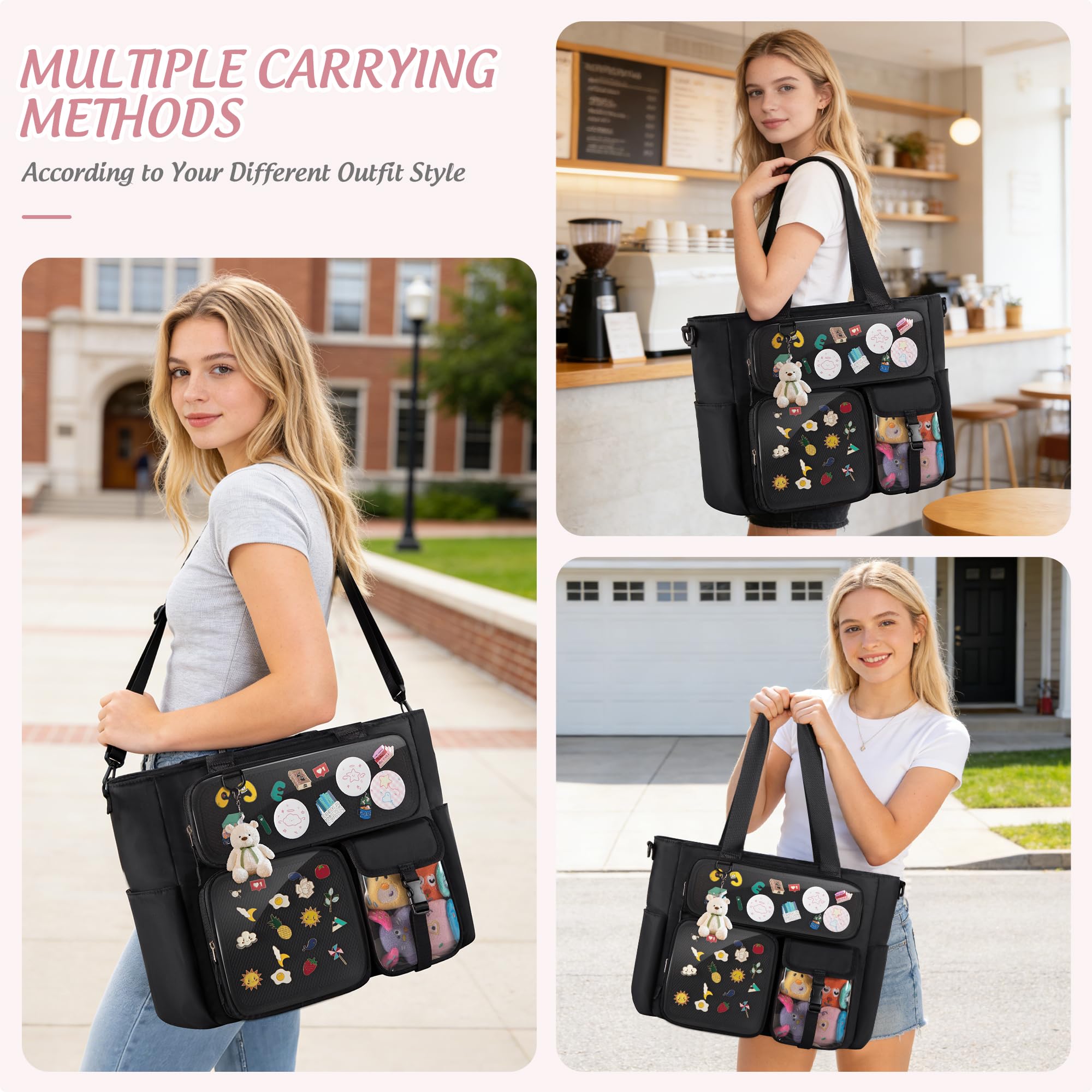 Große Ita Tasche mit 3 Fächern & 2 Einlagen Kawaii Ita Tragetasche zur Pin-Präsentation für Anime & K-Pop Fans, Vielseitige Umhängetasche, Schwarz (Pins NICHT Enthalten)