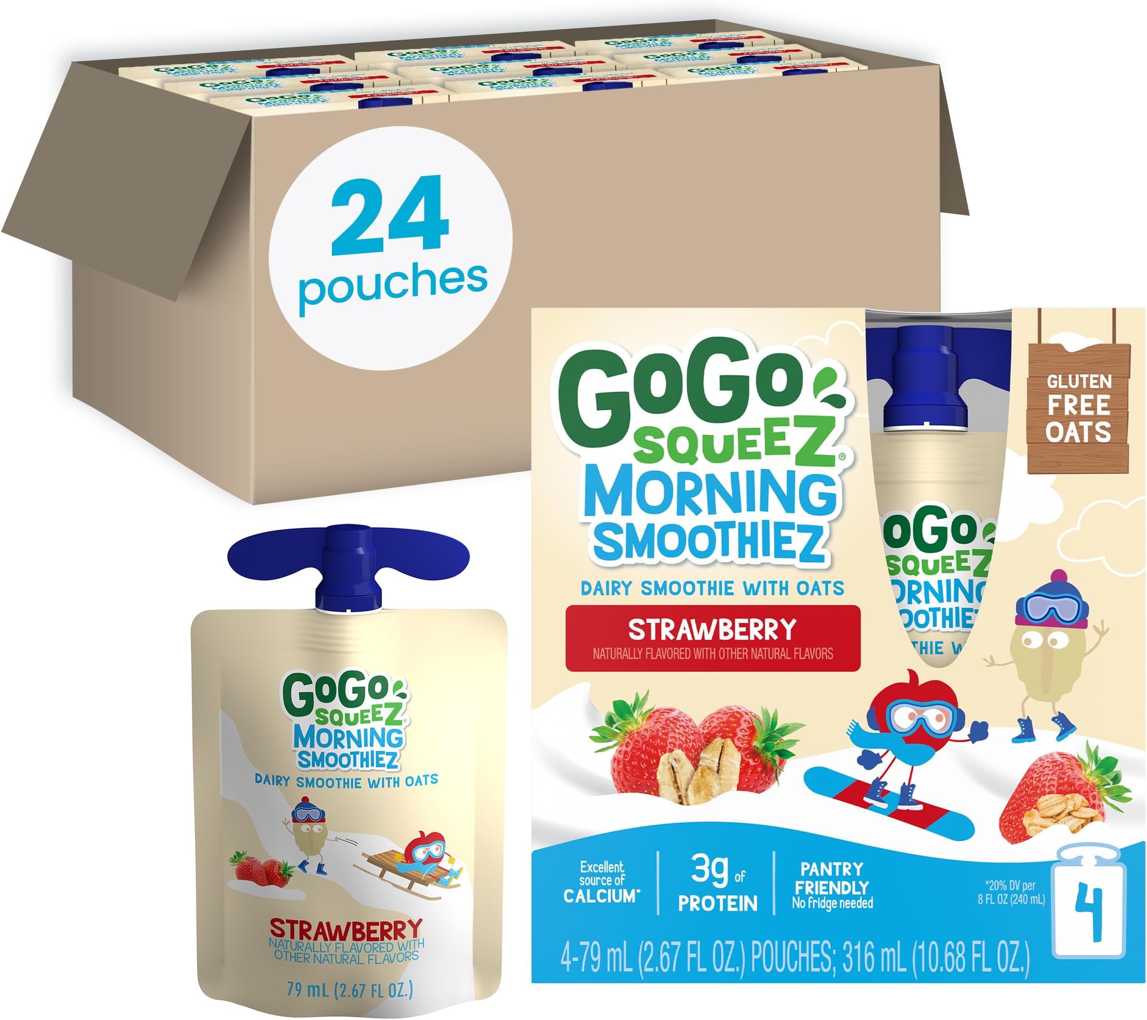 GoGo squeeZ Morning smoothieZ, Strawberry, 3 oz (Pack of 24), Gluten Free Yogurt, Fruit and Oat Smoothie Snacks for Kids, No Preservatives, No Fridge Needed, BPA Free Squeeze Pouches