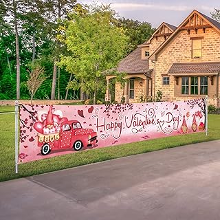 Probsin Valentines Day Banner 120" x 20" Outdoor Decorations Valentine's Yard Sign Pink Hearts Love Truck Gnomes Party Supplies Backdrop Decor for Garden Fence Garage Gifts Anniversary Wedding