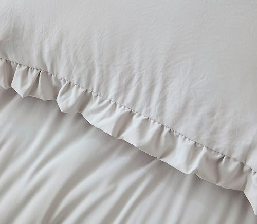 Miniatura 5 de Chezmoi Collection Juego de edredón Nora de microfibra lavada suave con ribete de volados, 3 piezas (tamaño matrimonial, color gris claro)