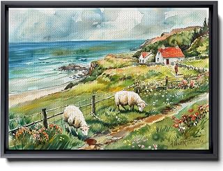 Aran Islands Watercolor Landscape Painting, Thatched Cottage and Sheep Wall Art - Ireland, Irish River Scene, Ireland Decor, Spring Prints, Sheep Art Print, Artwork Wall Decor, Arts